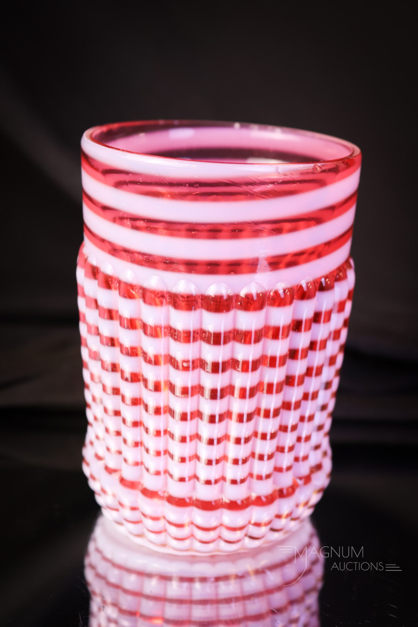 Rare Cranberry Opalescent Northwood Ribbed Opal Rings Victorian Glass Tumbler: A rare find in a Victorian cranberry opalescent art glass tumbler. This one is in the Ribbed Opal Rings pattern. A scarce find in opalescent Victorian glass. This tumbler has a rich cranberry color an