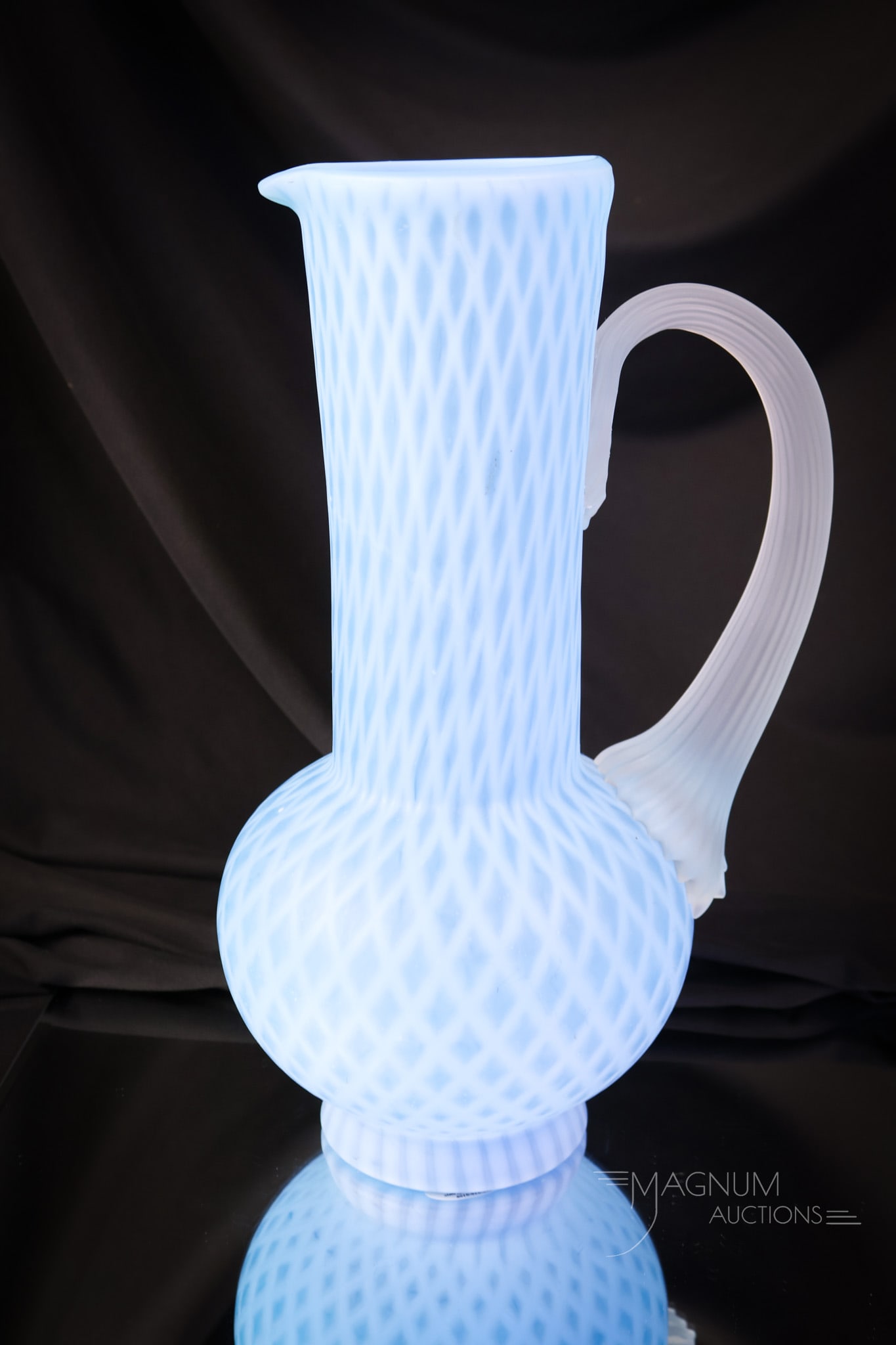 Rare Phoenix Victorian Blue Satin Diamond Quilt Tankard Water Pitcher: A rare find in Victorian Phoenix glass. This is a blue satin diamond quilt tankard water pitcher. This pitcher measures a full 11" tall of pure loveliness. SHIPPING NOTICE: If you choose not to utiliz