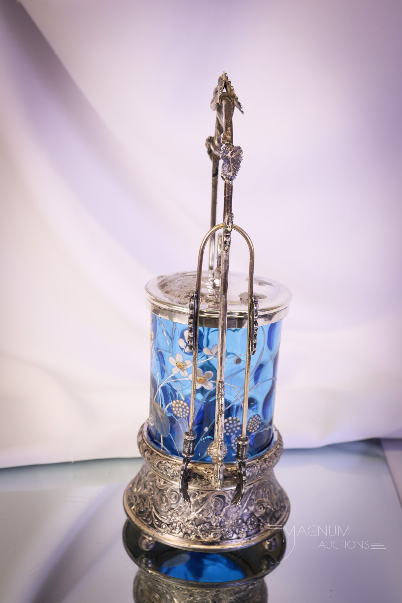 Wilcox Victorian Blue Enameled Art Glass Silverplate Pickle Castor - 2