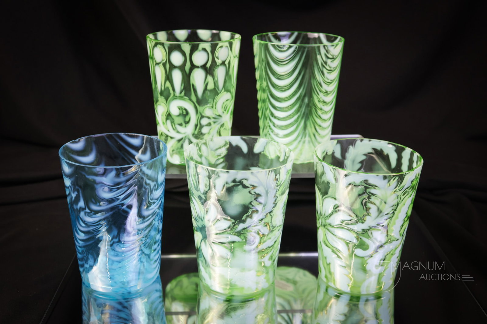 5 pc Lot Victorian Opalescent Glass Tumblers Northwood Fenton & More: Five selections for your opalescent glass collection. This lot offers five unique finds to add drama to your growing collection. The lot includes makers such as Northwood and Fenton, and more. Pattern