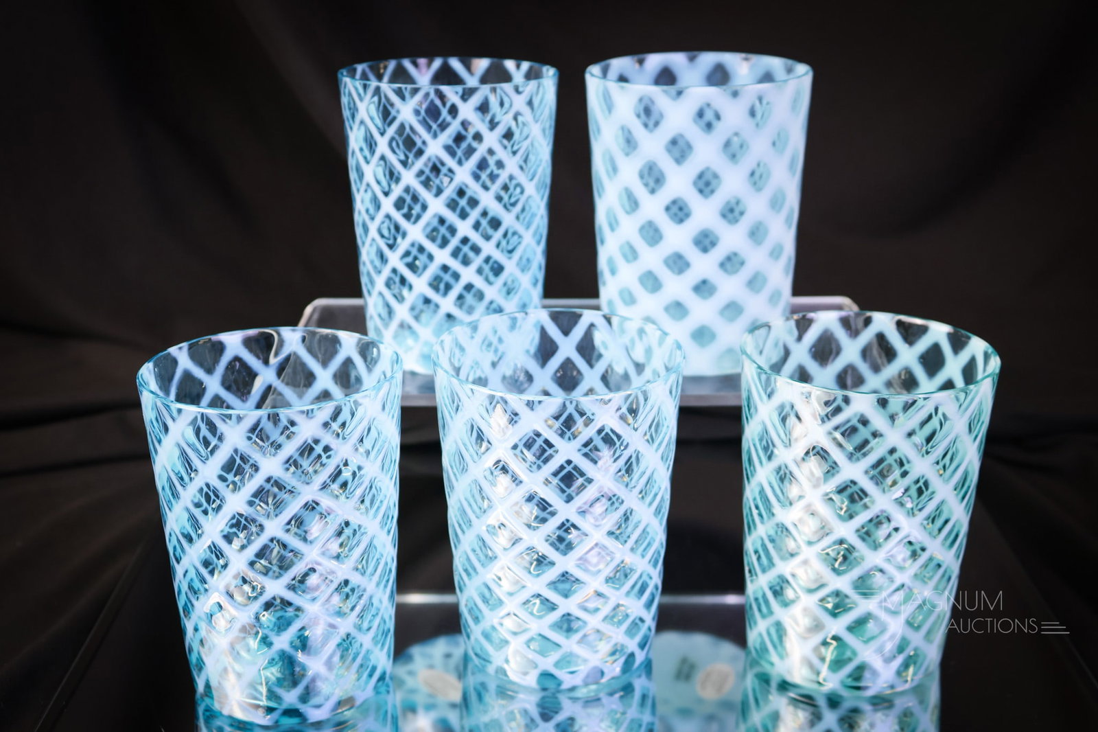 5 pc Lot Victorian Blue Opalescent Bubble Lattice Glass Tumblers: Five brilliant blue Victorian Bubble Lattice pattern tumblers. These tumblers have excellent opal and coloring. Each measures 3 3/4" tall and 2 3/4" wide. One exhibits a minor rim flake. SHIPPING NOTI