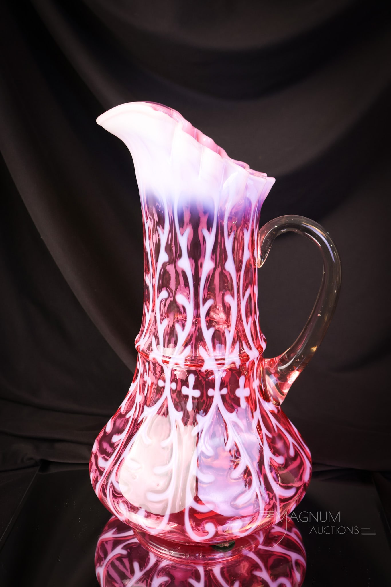 Scarce Northwood Cranberry Opalescent Ribbon Tie Spanish Lace Tankard Water Pitcher (1 of 5)