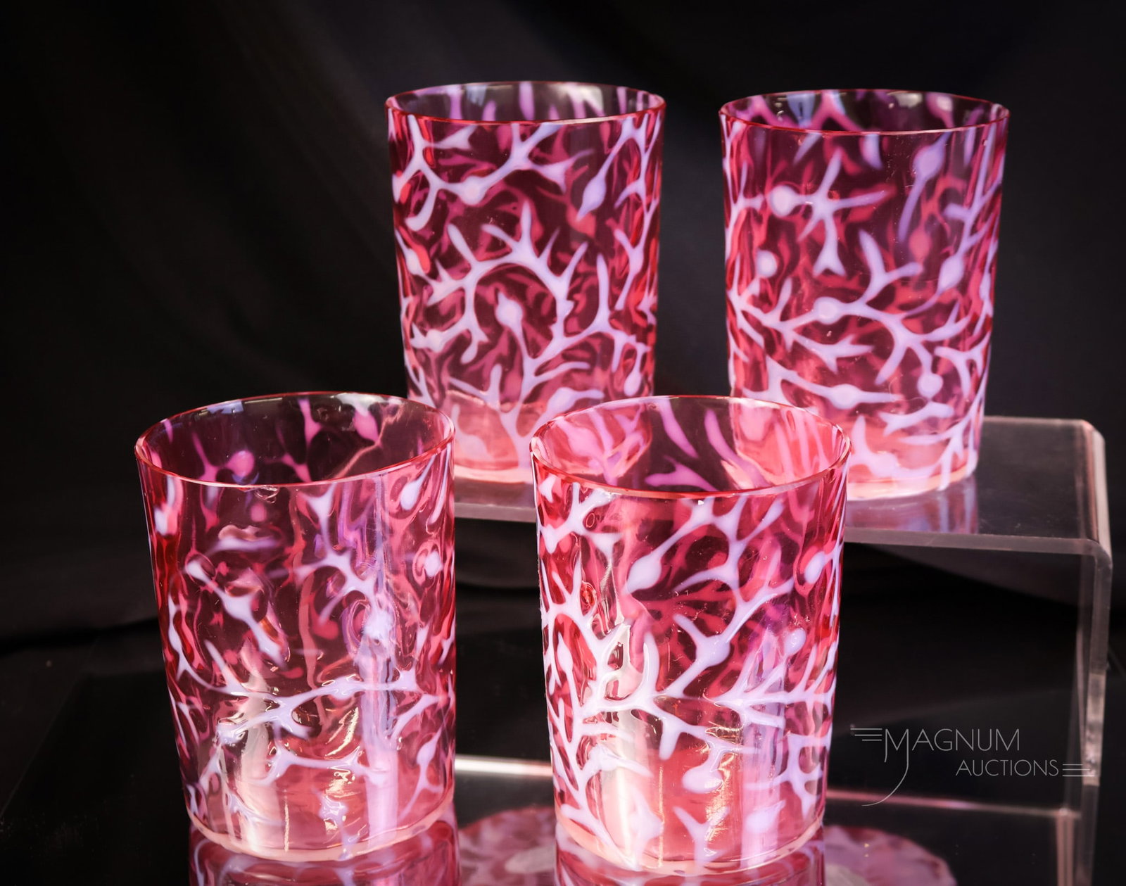 4 pc Set Hobbs Cranberry Opalescent Victorian Seaweed Art Glass Tumblers (1 of 8)