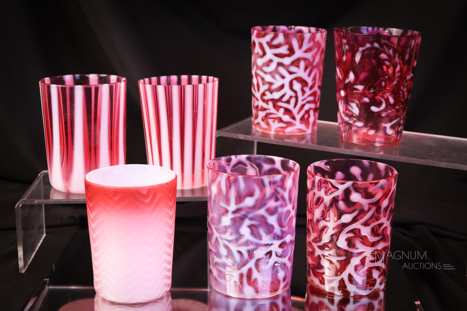 7 pc Lot Victorian Cranberry Opalescent Glass & More Tumblers (1 of 3)