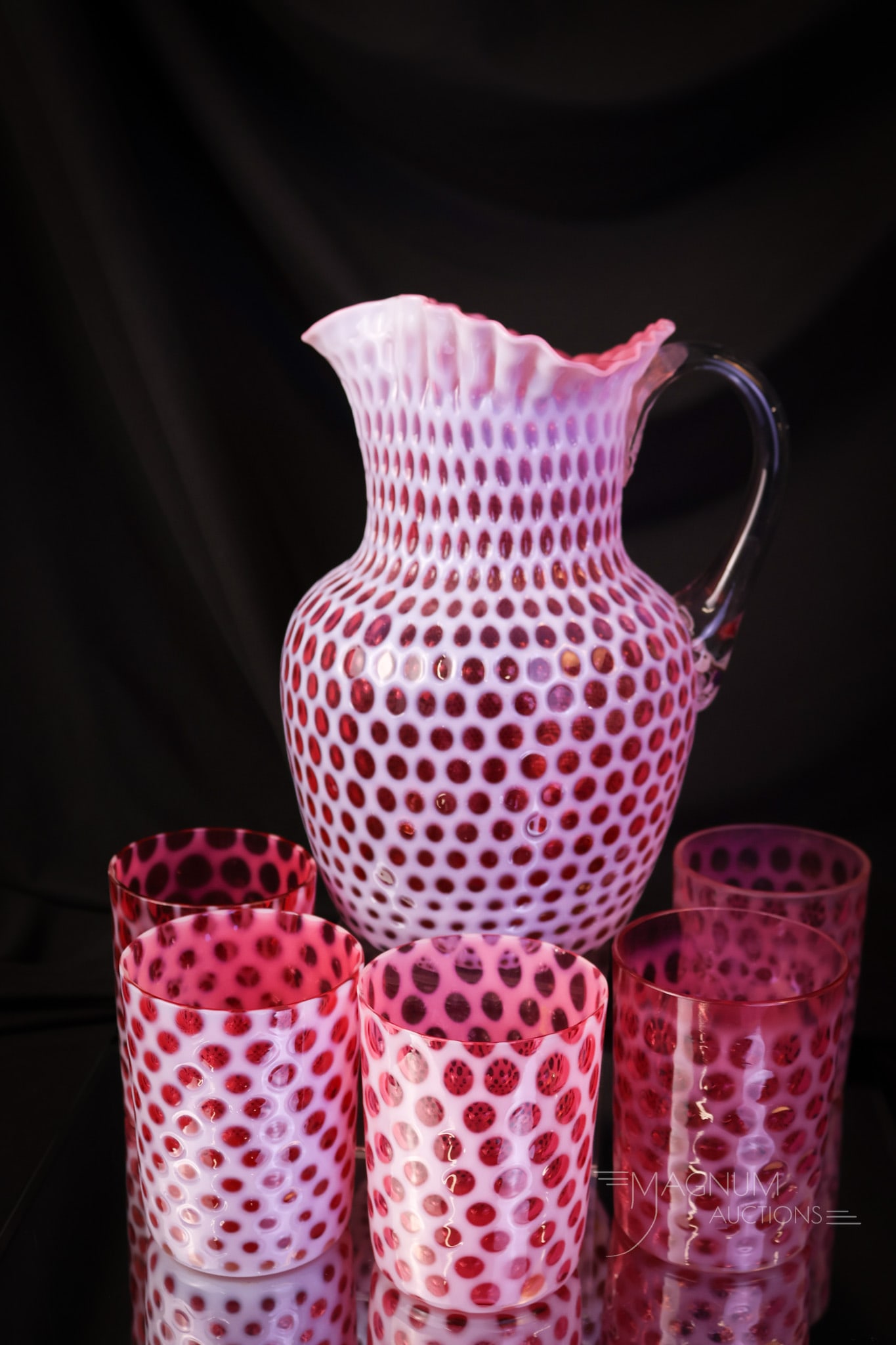6 pc Hobbs Cranberry Opalescent Victorian Glass Windows Water Set: If you love cranberry Victorian glass, you'll love this one! This is a six-piece water set in the Windows pattern by Hobbs. The pitcher features a ruffled heart-shaped top rim. Bright opal and rich cr