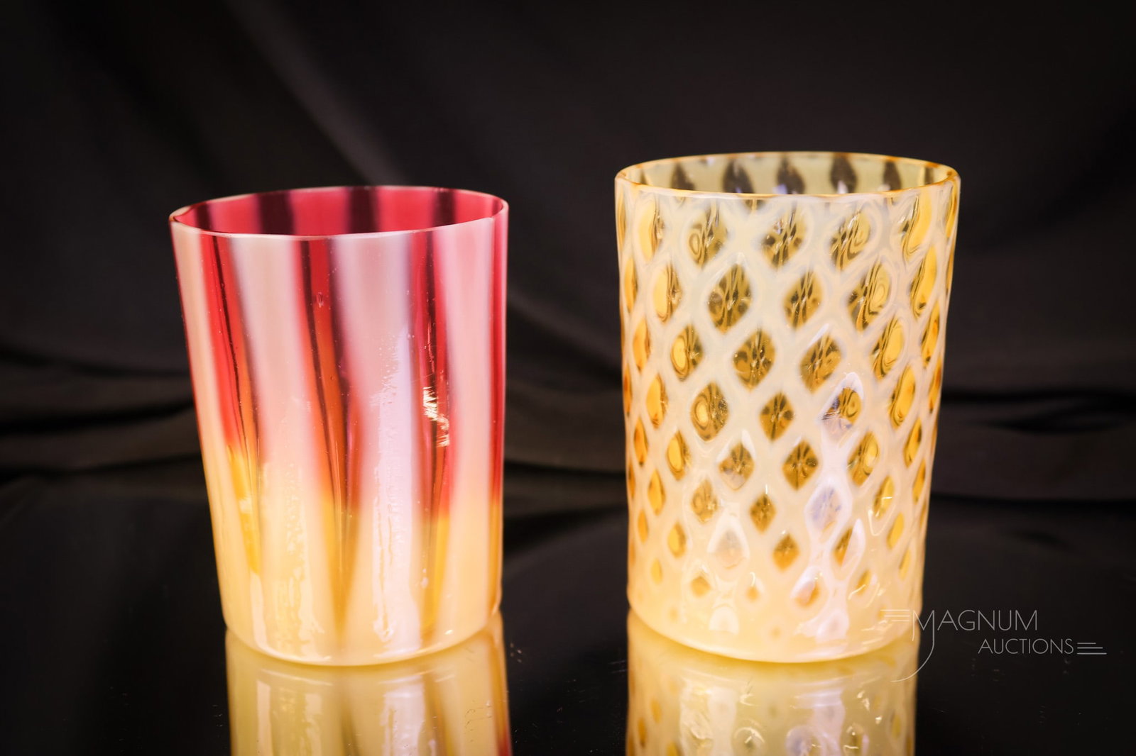 2 pc Lot Victorian Amberina & More Opalescent Tumblers: Two unique examples of Victorian opalescent tumblers. One in amberina opalescent stripe. One in an amber opalescent diamond quilt. The tallest measures 3 3/4". SHIPPING NOTICE: If you choose not to ut