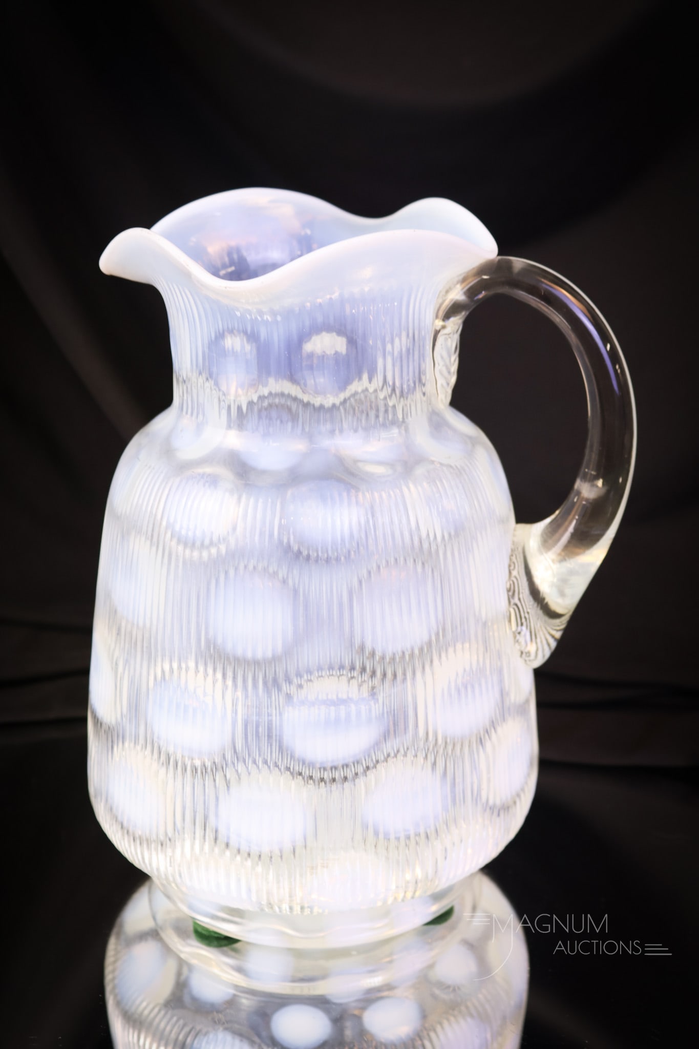 Exceedingly Rare Northwood Ribbed Coinspot Variant Victorian Opalescent Water Pitcher: An exceedingly rare opalescent water pitcher. Stand up in your seats for this pitcher, folks! This is a Northwood Ribbed Coinspot pattern in the Christmas Snowflake shape. This pitcher is in crystal o