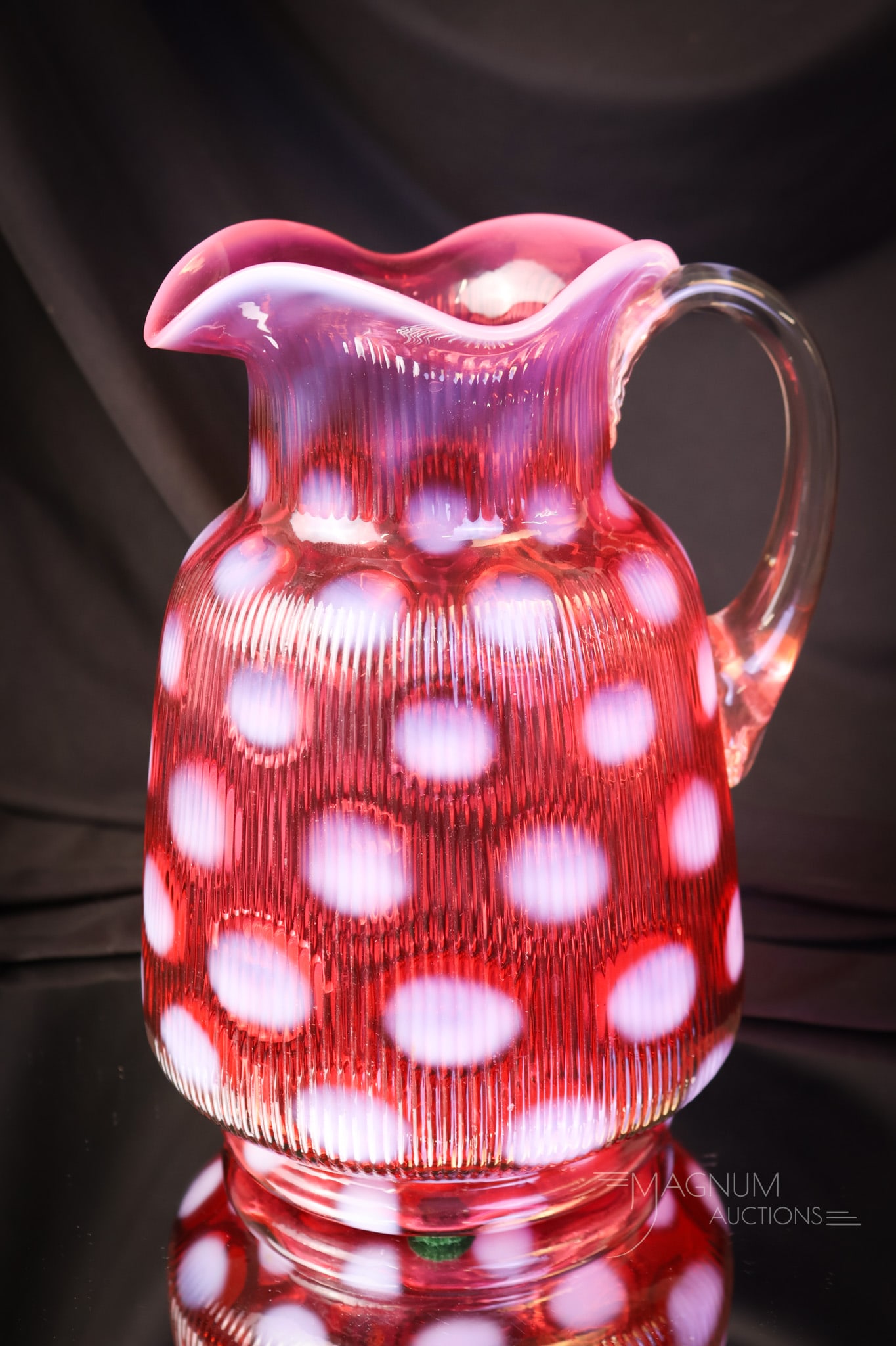 Exceedingly Rare Northwood Ribbed Coinspot Variant Victorian Opalescent Water Pitcher: This one's a Mother Magnum Favorite! This pitcher is so rare. A beautiful museum piece. This would be one of the pinnacles of any person's collection of opalescent Victorian glass. This pitcher is by 