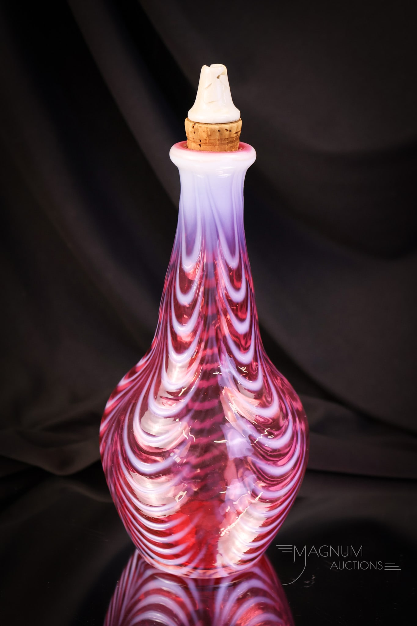 Very Rare Cranberry Opalescent Drape Art Glass Barber Bottle: A very rare find in our anniversary auction of rare finds. This barber bottle is very rare cranberry opalescent drape pattern. This is gorgeous with deep, rich cranberry color and bright white opal dr