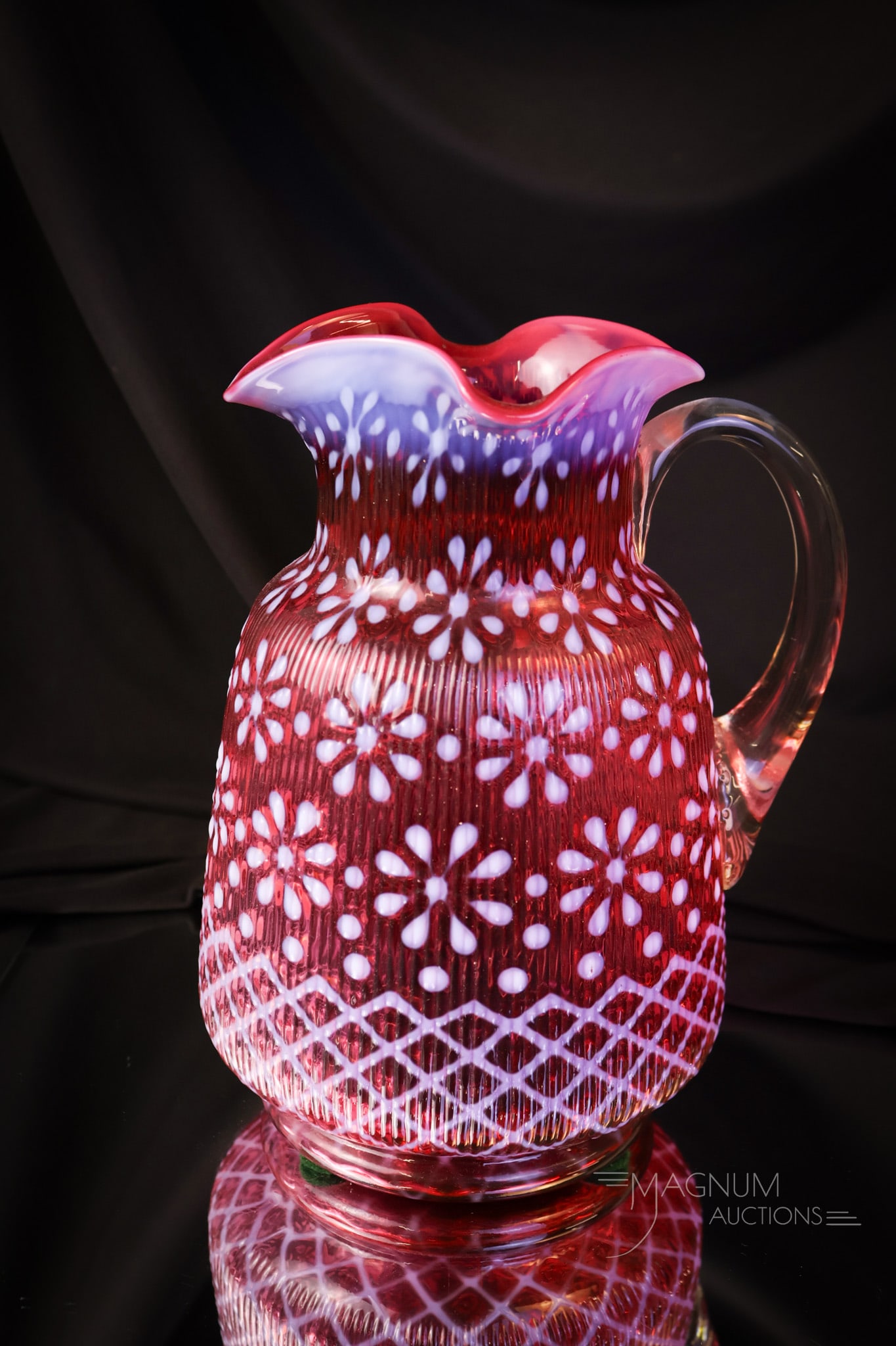 Northwood Cranberry Opalescent Christmas Snowflake Victorian Glass Water Pitcher: Another gorgeous find in our line-up of Victorian opalescent glass water pitchers. This one is in Northwood's Christmas Snowflake pattern in rich cranberry opal. This pitcher is a prime example. The p