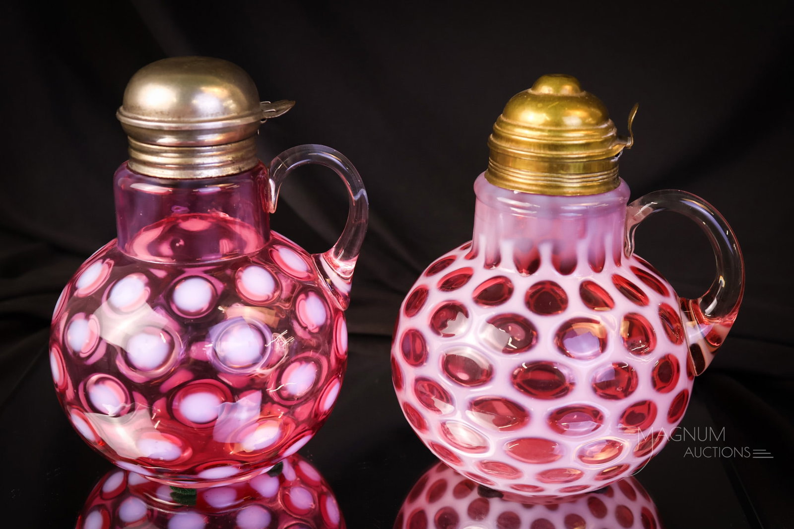 2 pc Lot Victorian Cranberry Opalescent Glass Syrup Pitchers (1 of 10)