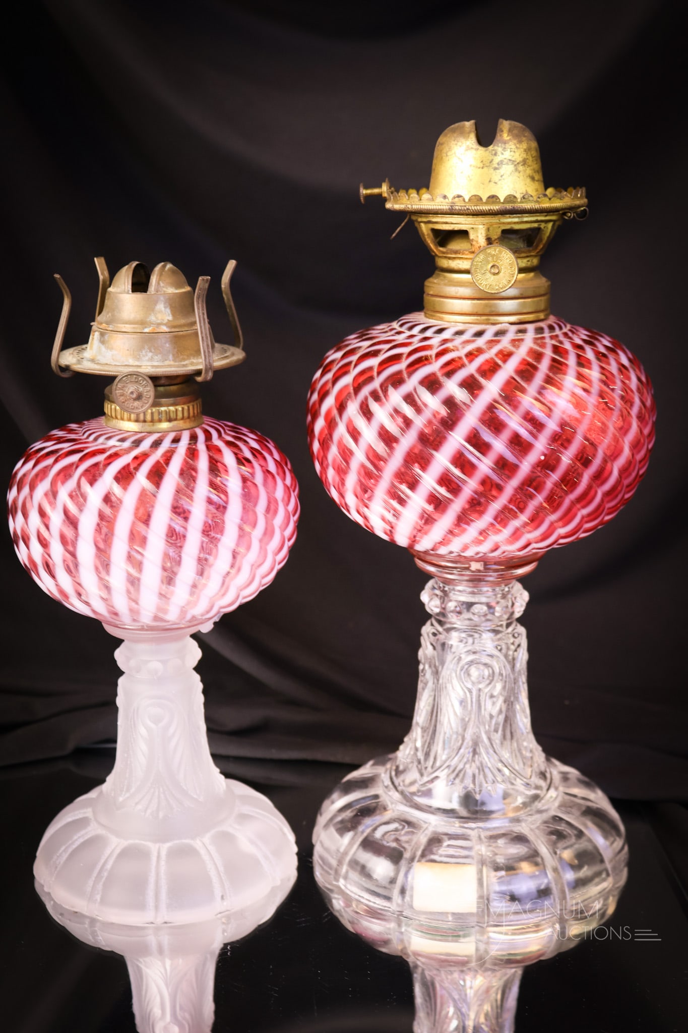 2 pc Lot Cranberry Opalescent Reverse Swirl Oil Lamps (1 of 11)