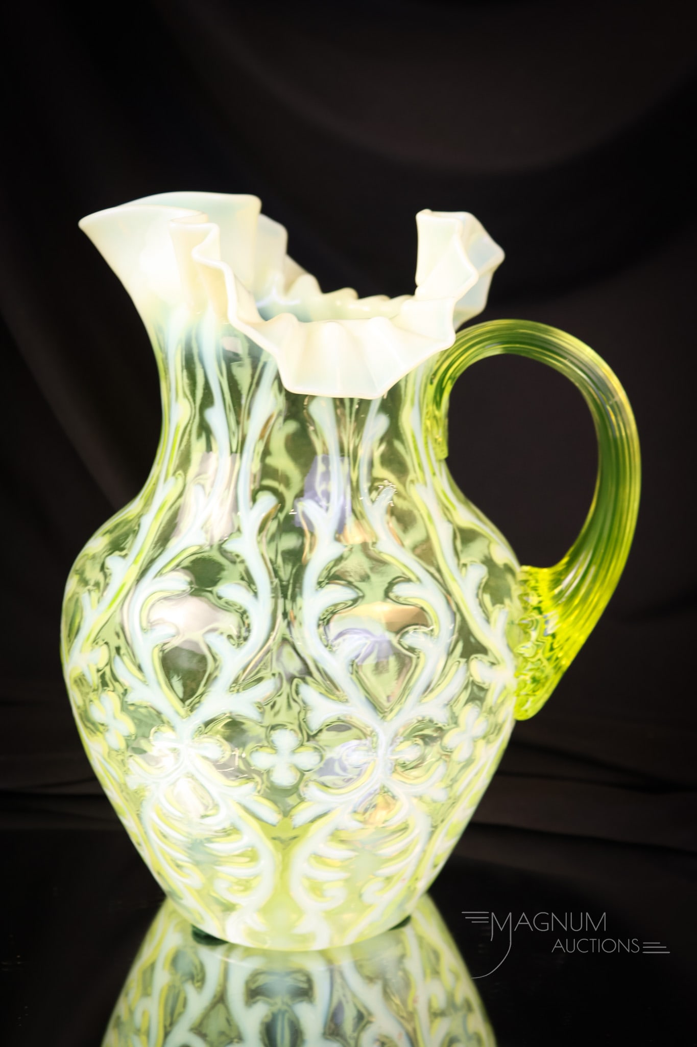 Northwood Vaseline Uranium Opalescent Victorian Spanish Lace Glass Water Pitcher (1 of 5)