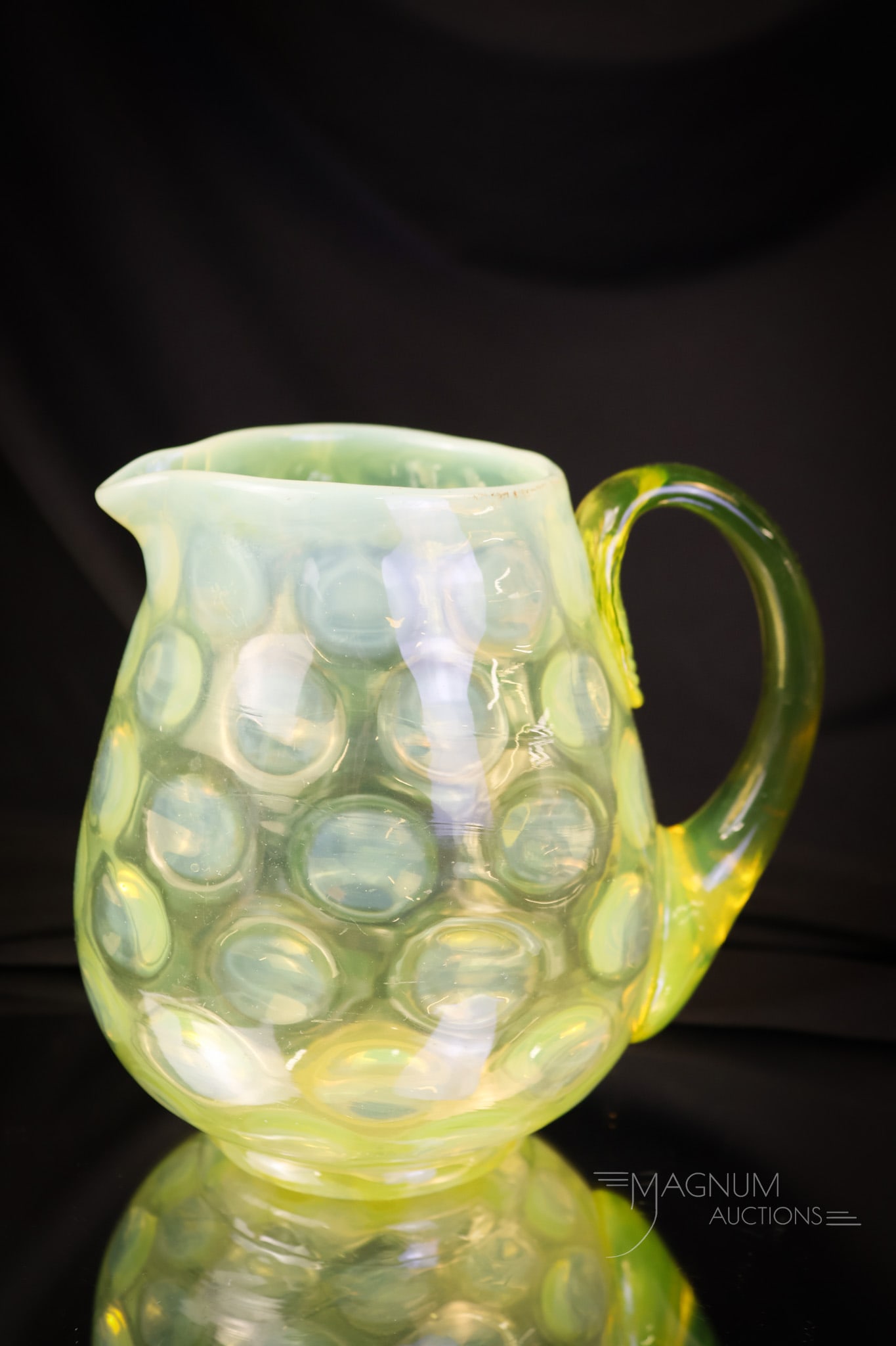 Rare Vaseline Uranium Opalescent Glass Milk Pitcher: A rare find in a Victorian vaseline uranium-rich milk pitcher. This one is in a barrel shape and in an opal Coinspot pattern. The pitcher measures 5 3/4" tall. SHIPPING NOTICE: If you choose not to ut
