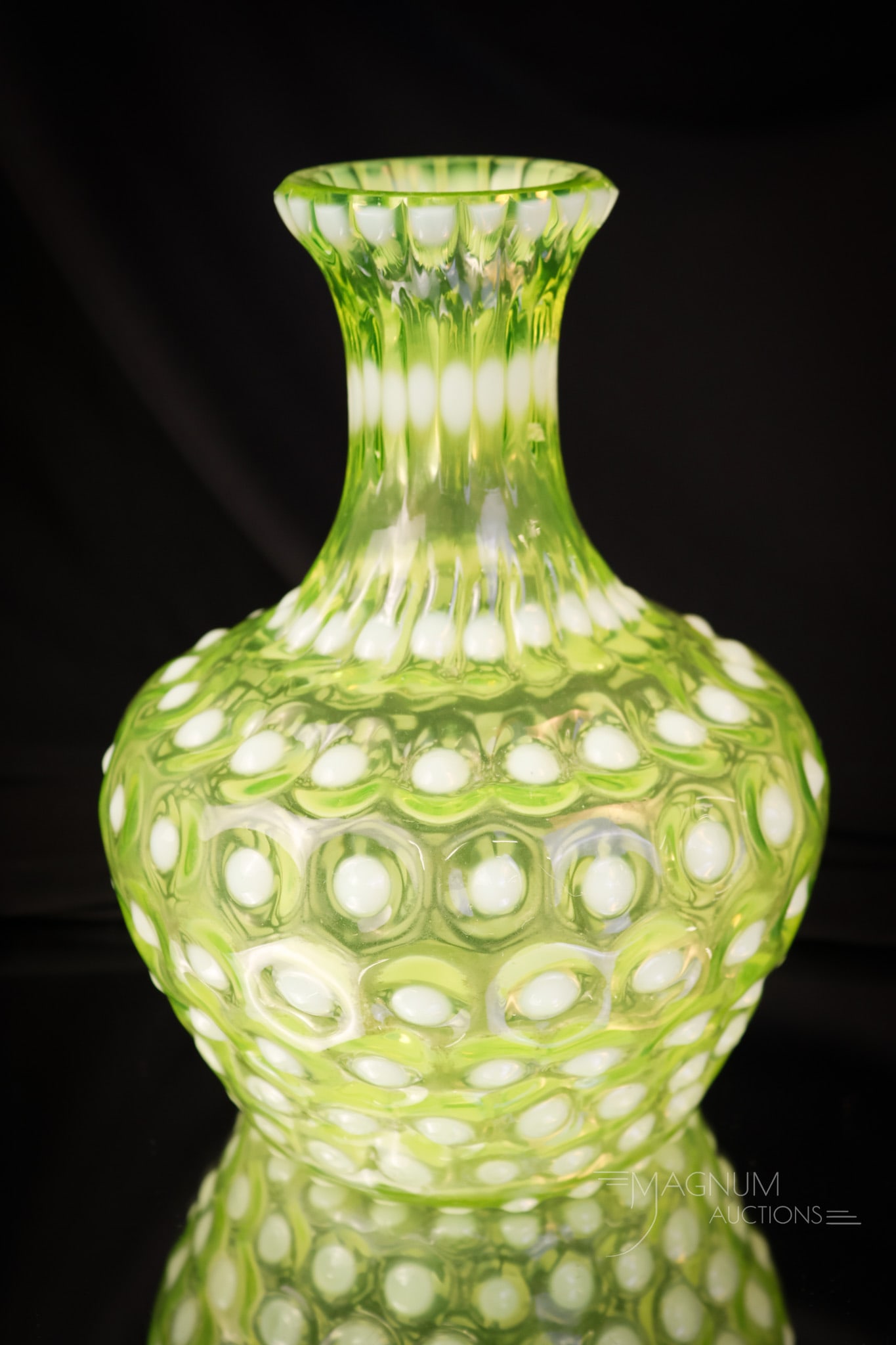 Phoenix Vaseline Opalescent Hobnail Victorian Glass Water Caraffe: A glowing find in a Victorian water caraffe. This one is attributed to Phoenix glass and in the Hobnail pattern. The glass glows brightly with its uranium content. The caraffe measures 7 1/2" tall. SH