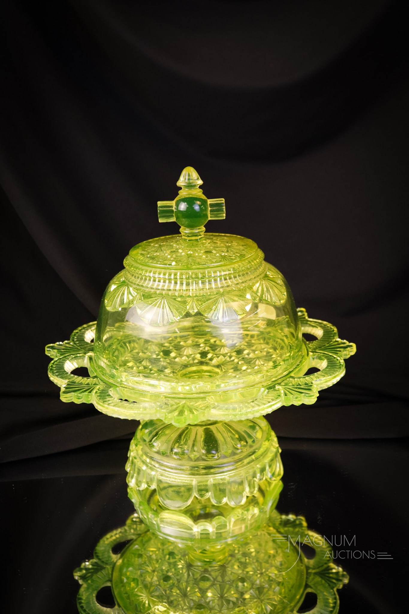 111 Belmont 100 Vaseline Victorian Glass Covered Butter: A seldom found and desirable find in Victorian uranium-rich vaseline glass. This is a Belmont 100 pattern covered butter dish. This piece glows brightly under black light. The butter measures 8" tall 