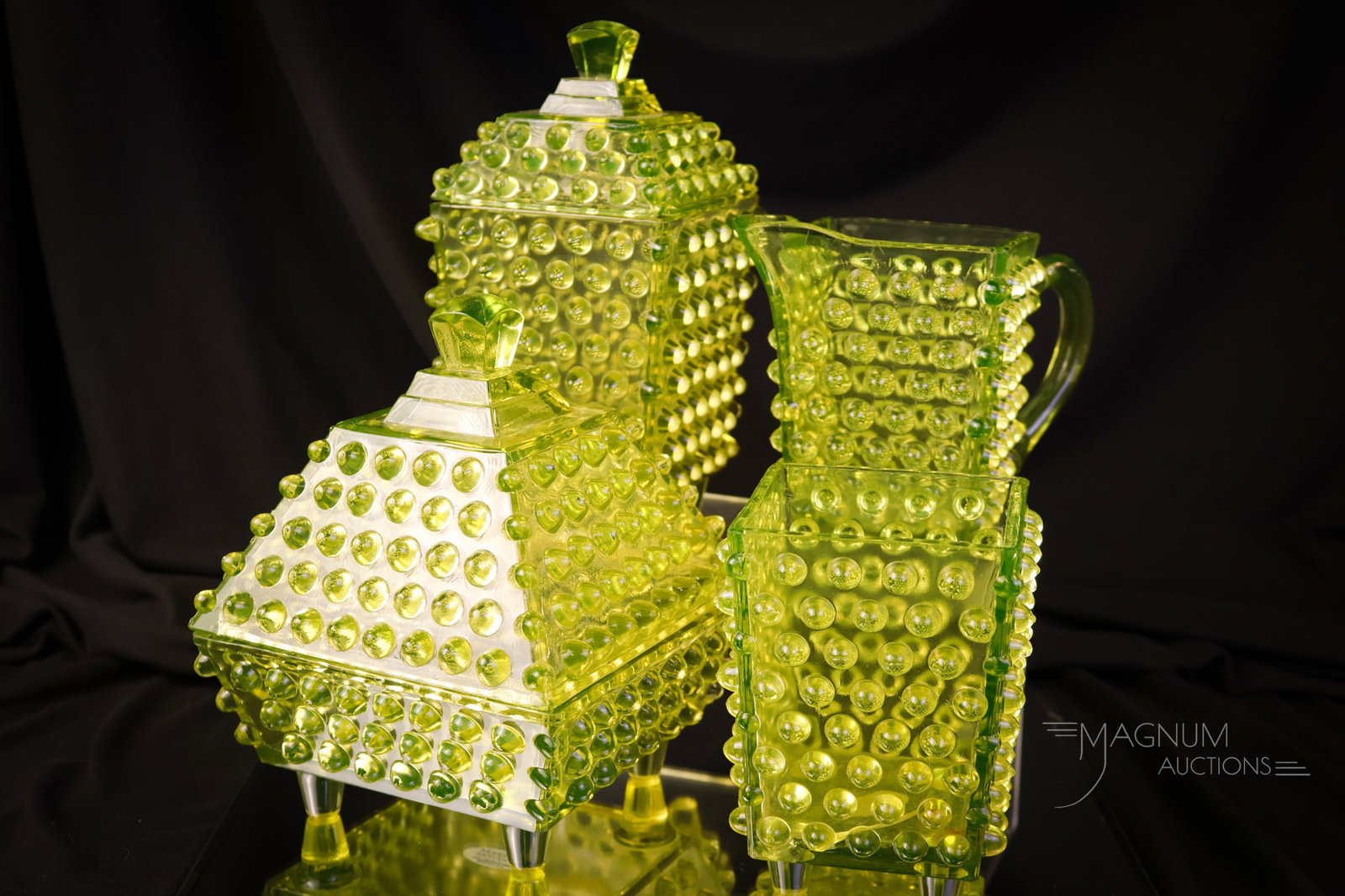 Labelle Glass Hobnail Vaseline Uranium Table Set: Victorian Labelle vaseline uranium-rich table set in the Hobnail pattern. This set is complete. The set also glows brightly under black light. The tallest of the set measures 7 3/4". The spooner exhib