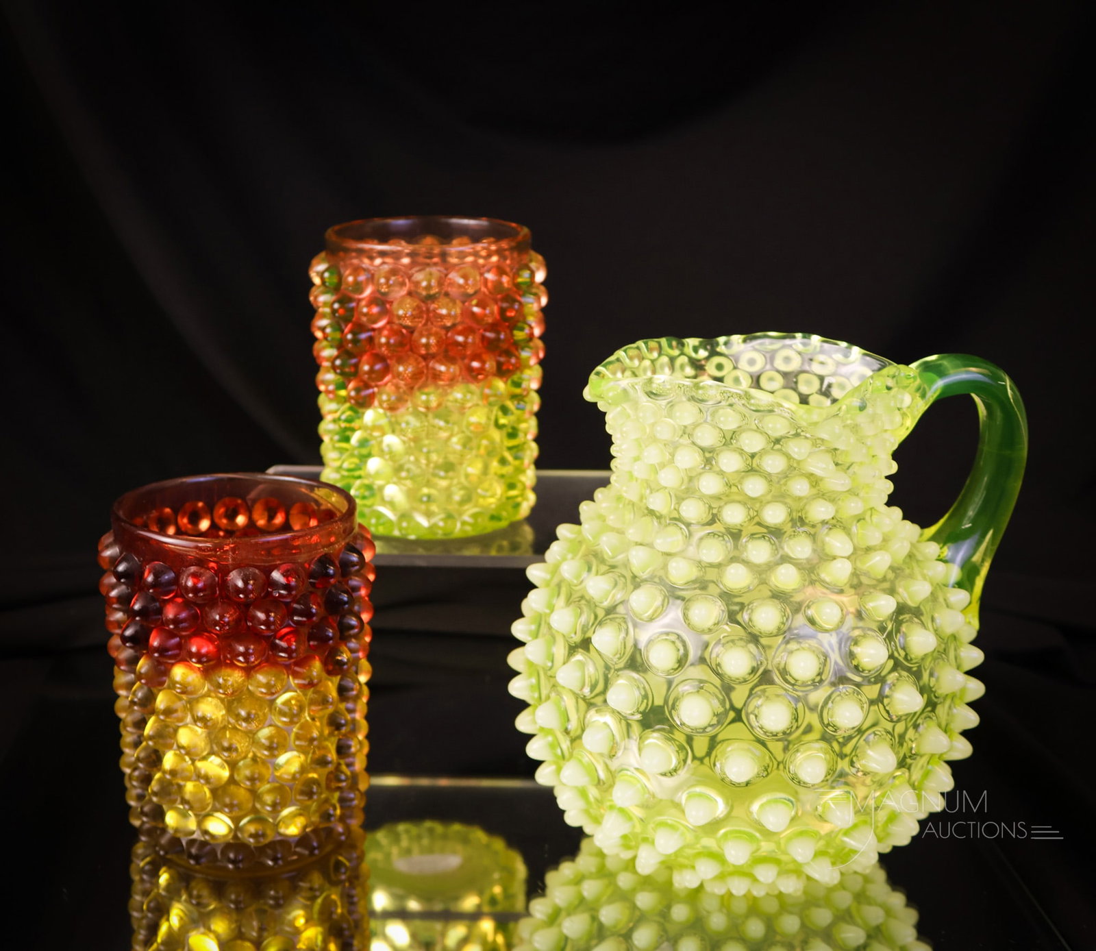 3 pc Lot Hobbs Hobanil Victorian Vaseline & Amberina Glass: Three selections in Hobbs Victorian Hobnail pattern that will bring you joy on a dark day. The first is a vaseline opalescent milk pitcher. The second is a cranberry to vaseline rubina verde tumbler. 