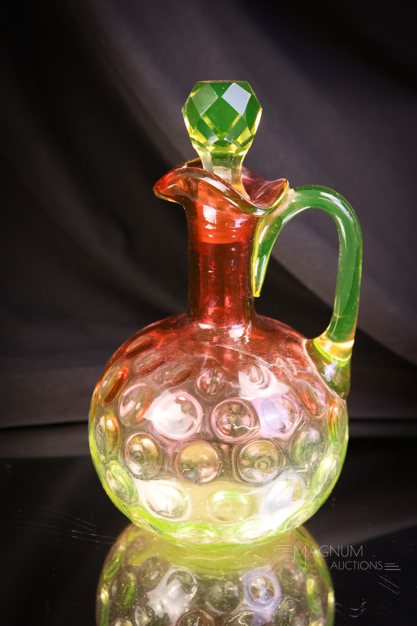 Hobbs Cranberry Uranium Vaseline Glass Thumbprint Victorian Cruet (1 of 8)