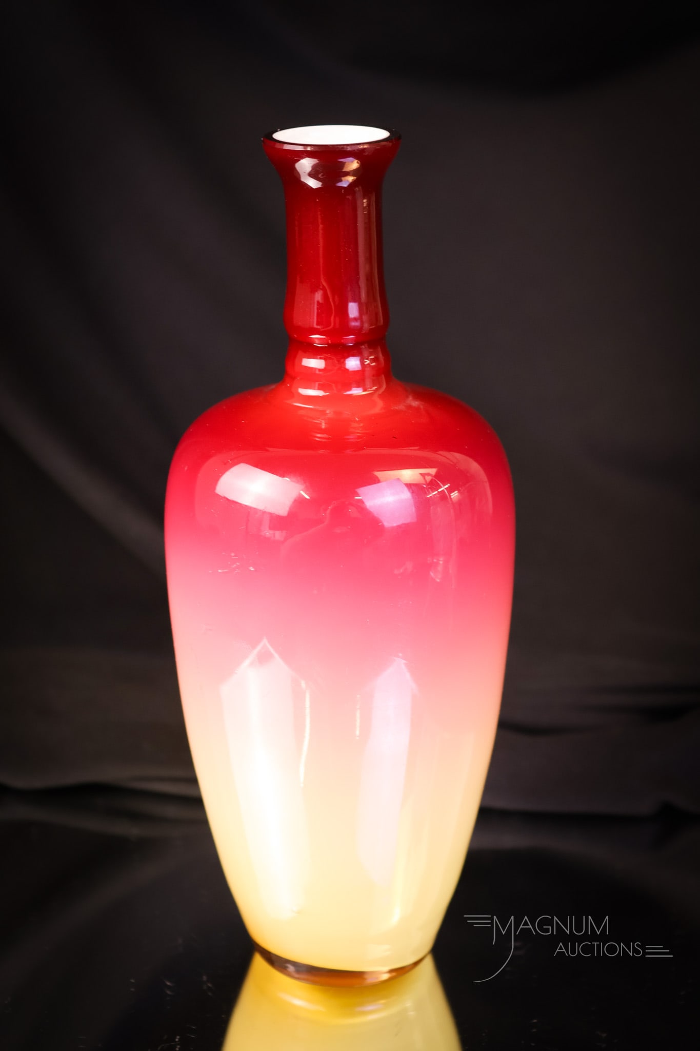 Wheeling Peachblow Victorian Art Glass Morgan Vase: A beautiful example of a Wheeling Peachblow Victorian art glass Morgan Vase. This example has perfect coloring and graceful form. A very desirable find. The vase measures 7 3/4" tall and 3" wide. A mi