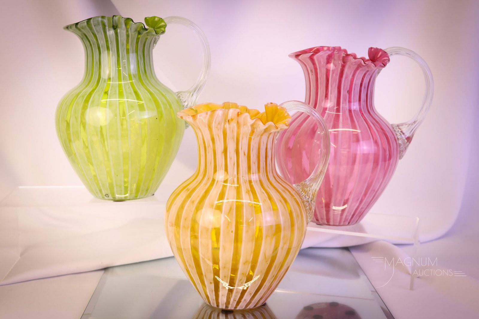 3 pc Ensemble Phoenix Victorian Stripe Art Glass Water Pitchers (1 of 15)