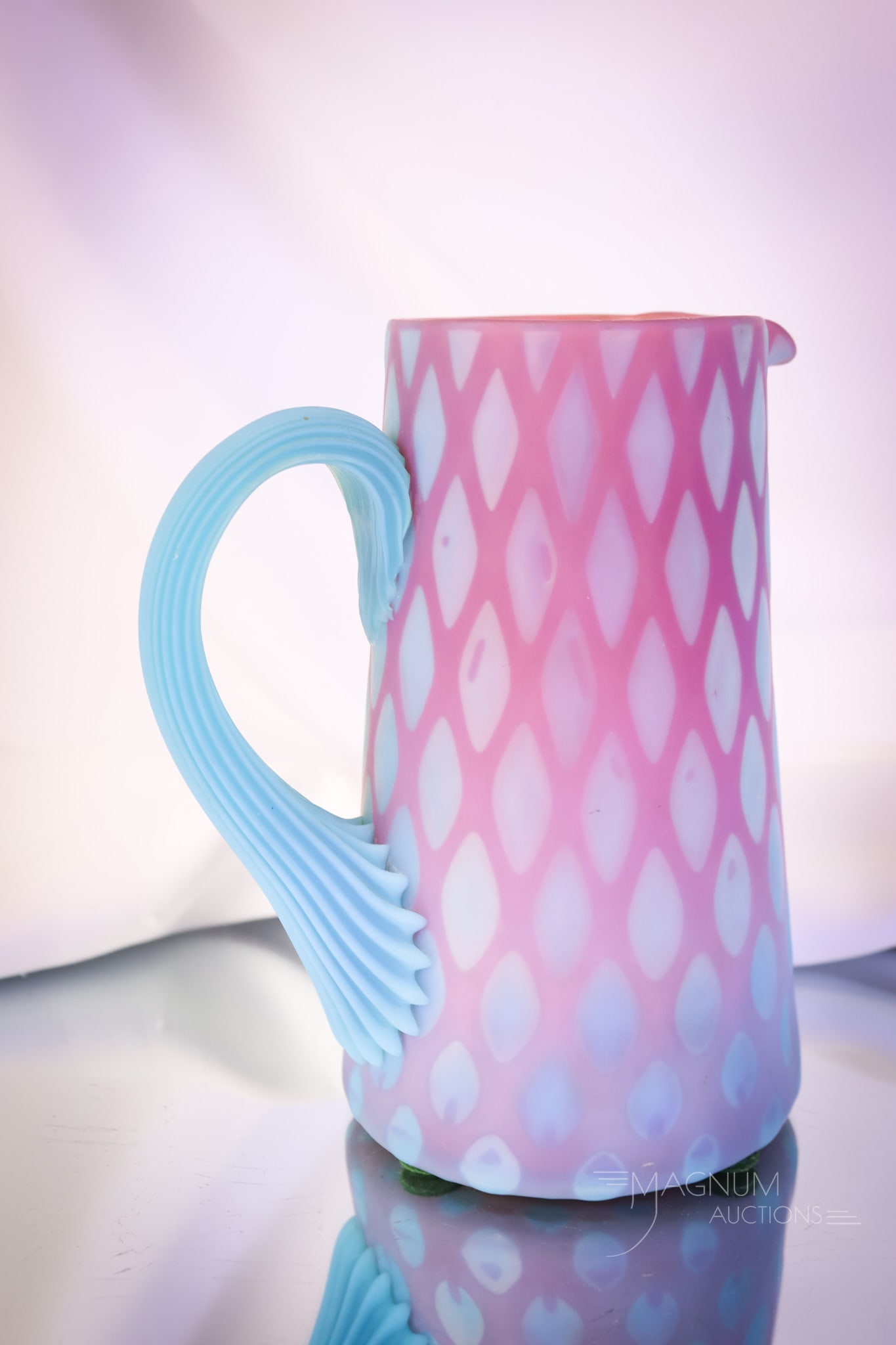 Very Rare Phoenix Victorian Mother of Pearl Bluerina Satin Glass Pitcher - 3