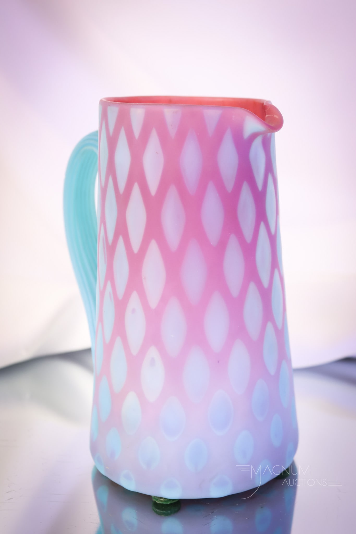 Very Rare Phoenix Victorian Mother of Pearl Bluerina Satin Glass Pitcher - 4