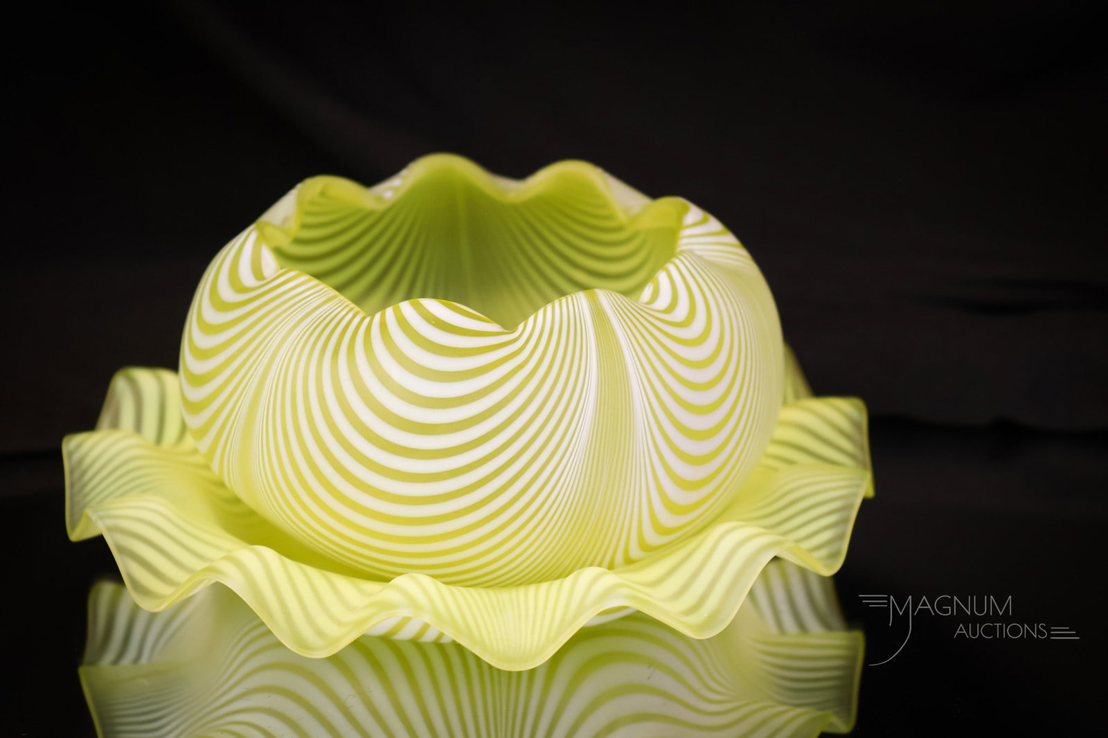 Victorian Nailsea Art Glass Finger Bowl & Underplate: A lovely find in our lineup of Victorian Nailsea glass. This is a finger bowl and underplate in citron Nailsea satin art glass. This fine example measures 2 1/2" tall and 6 1/4" in diameter. SHIPPING 