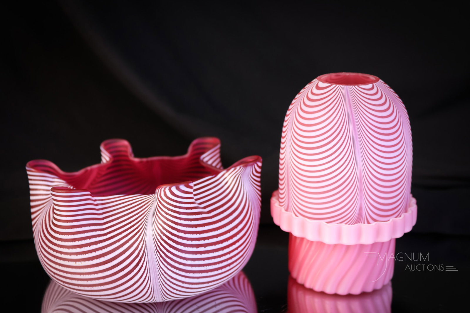 3 pc Lot Victorian Fairy Lamp Parts Nailsea & More: Three nice finds in Victorian fairy lamp parts. This lot combines a cranberry Nailsea pattern crimped rim base and a small shade with a pink satin swirl base. The tallest measures 2 1/2". SHIPPING NOT