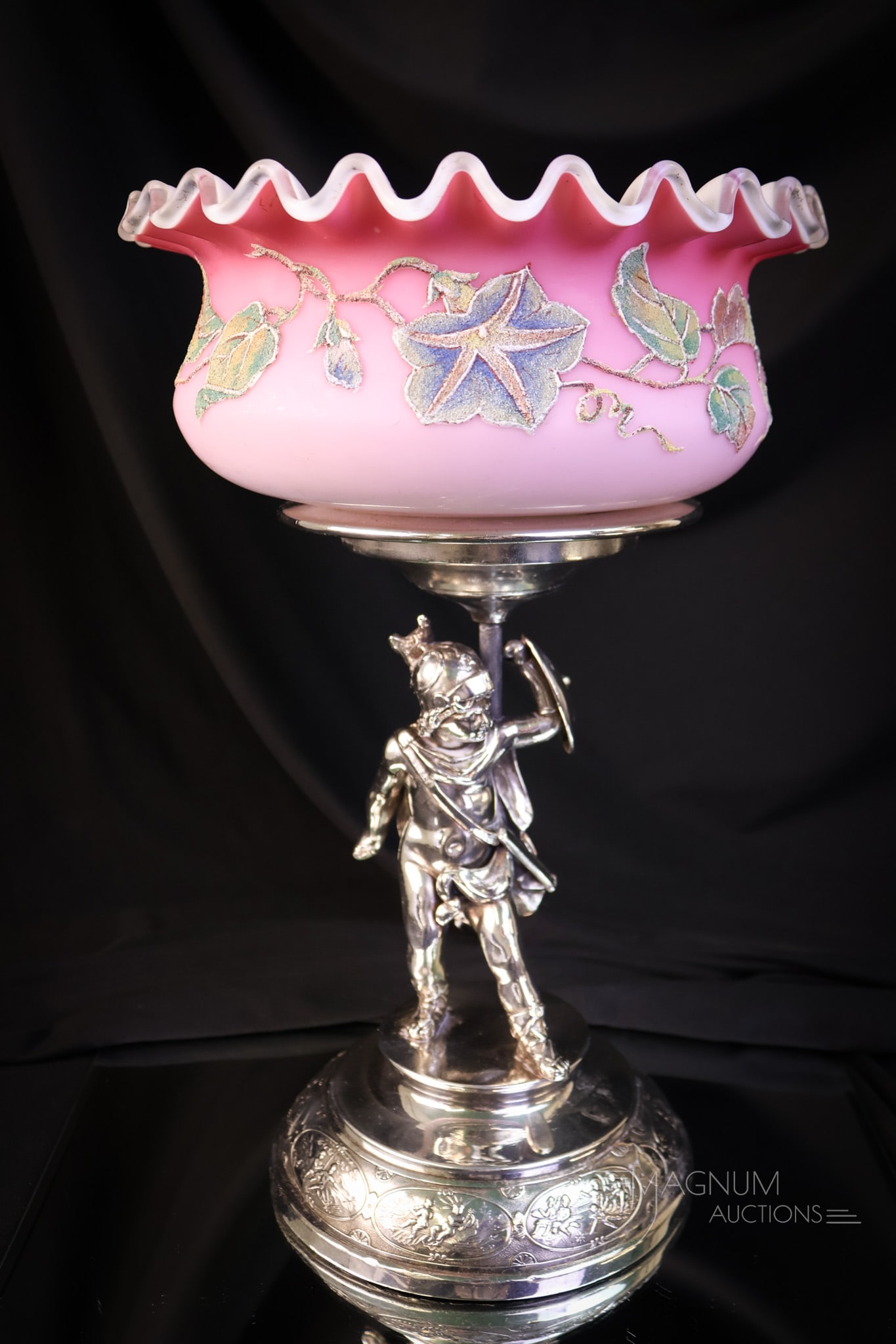 Middletown Victorian Silverplate Enameled Glass Brides Basket Bowl Centerpiece: A striking Middletown Victorian silverplate brides' basket centerpiece. This holder features a figural soldier at the base. The bowl is pink satin glass with enamel decoration. The complete ensemble m