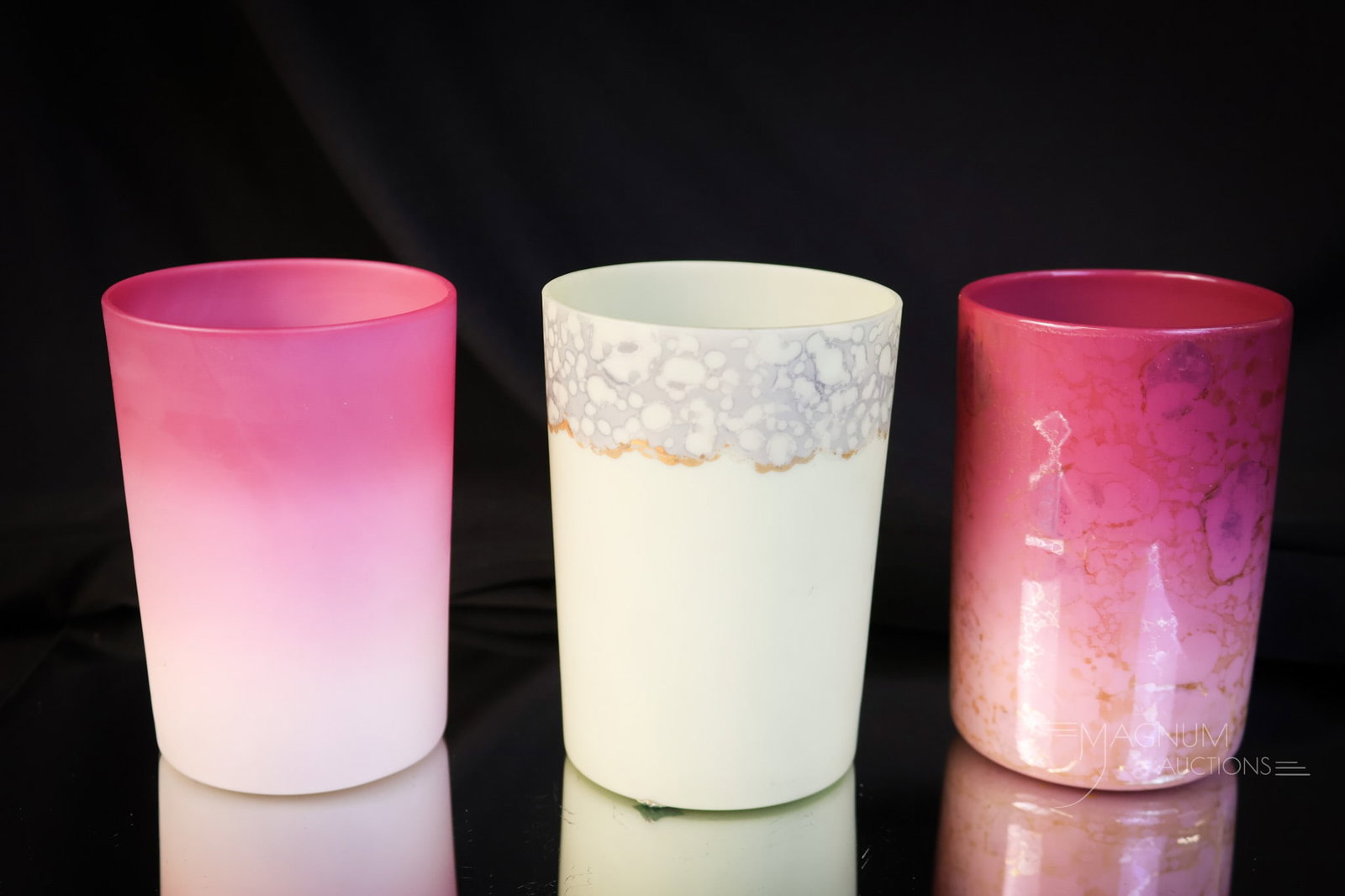 3 pc Lot New England Art Glass Victorian Tumblers Peachblow Agata Green Opaque: Three unique and fine examples of various New England Glass Victorian tumblers. This lot offers a Peachblow satin, a Peachblow with Agata decoration, and lastly, a Green Opaque tumbler. Each measures 