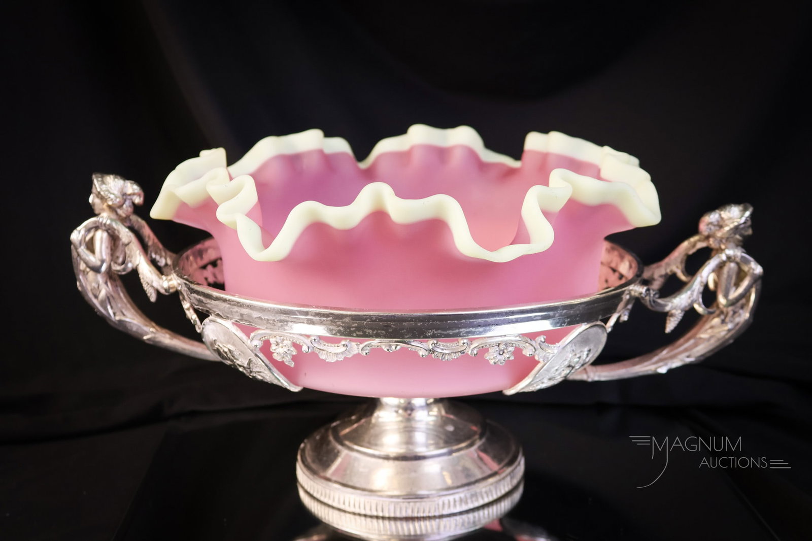 Victorian Wilcox Silverplate Hobbs Richelieu Pink Vaseline Figural Brides Basket Bowl Centerpiece: An amazing find in a Victorian Silverplate figural brides' basket bowl centerpiece with a Hobbs Richelieu pink and vaseline glass bowl. The holder is marked Wilcox silverplate. The bowl is pink satin 
