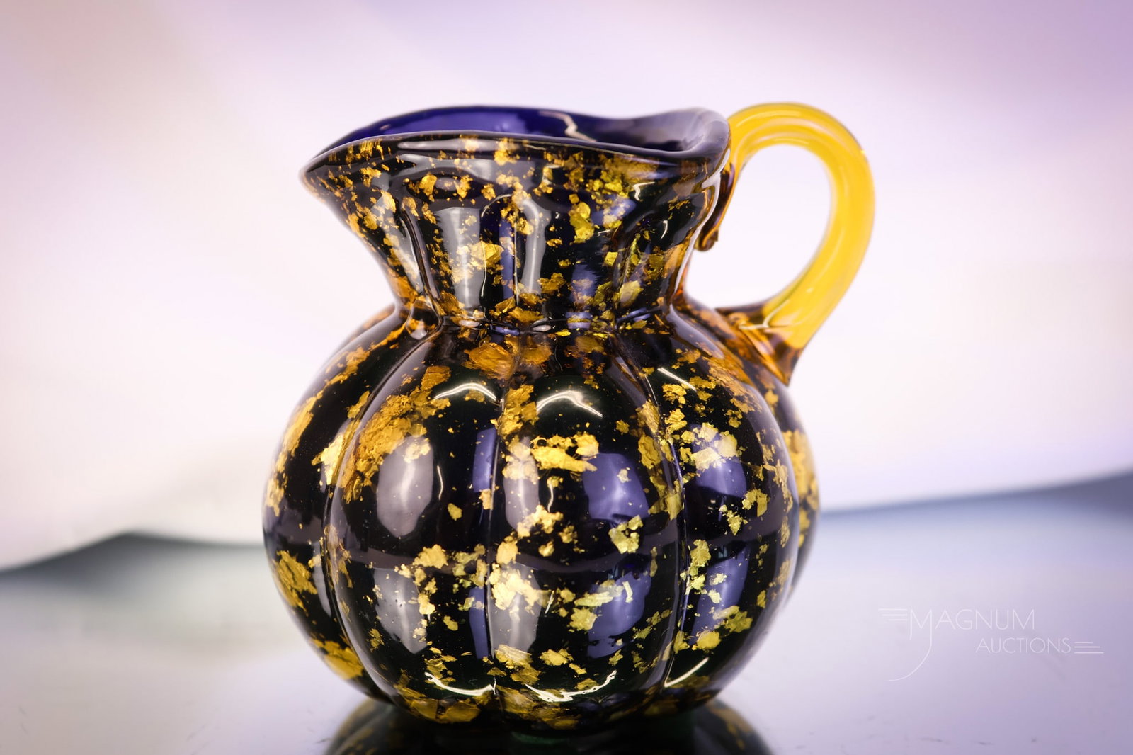 Hobbs Spangle Cobalt Victorian Art Glass Cream Pitcher: A seldom-seen piece for your Hobbs collection. This is a cobalt spangle Hobbs cream pitcher. This excellent example has an applied amber handle and cobalt glass with amber mica flakes. The creamer mea