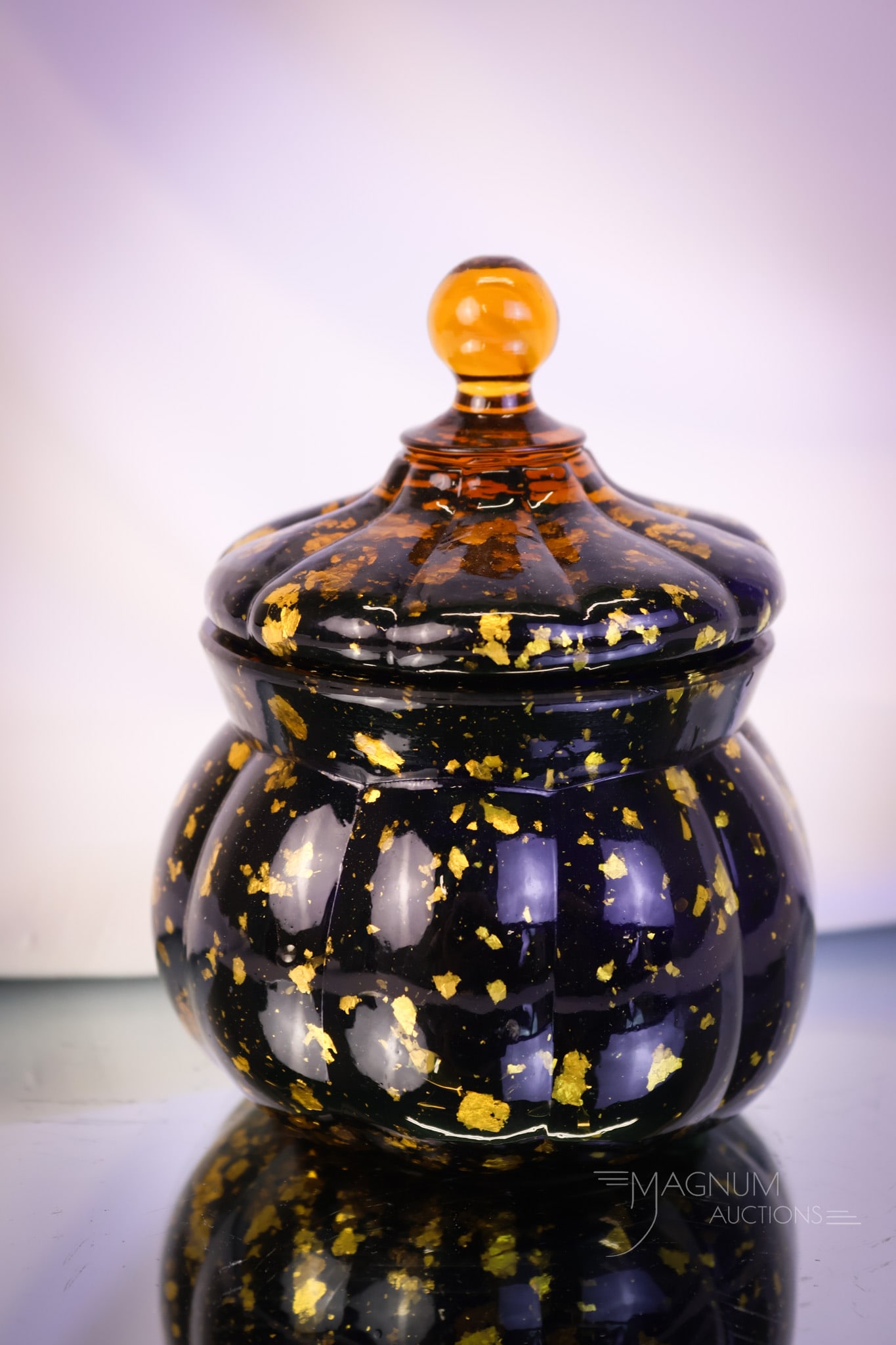 Hobbs Victorian Cobalt Spangle Art Glass Covered Sugar Bowl: A wonderful piece of Hobbs Spangle Glass. This is a cobalt covered sugar bowl with an applied amber finial and amber mica flakes in the glass. This hard-to-find piece measures 4 1/4" tall and 3 1/2" w