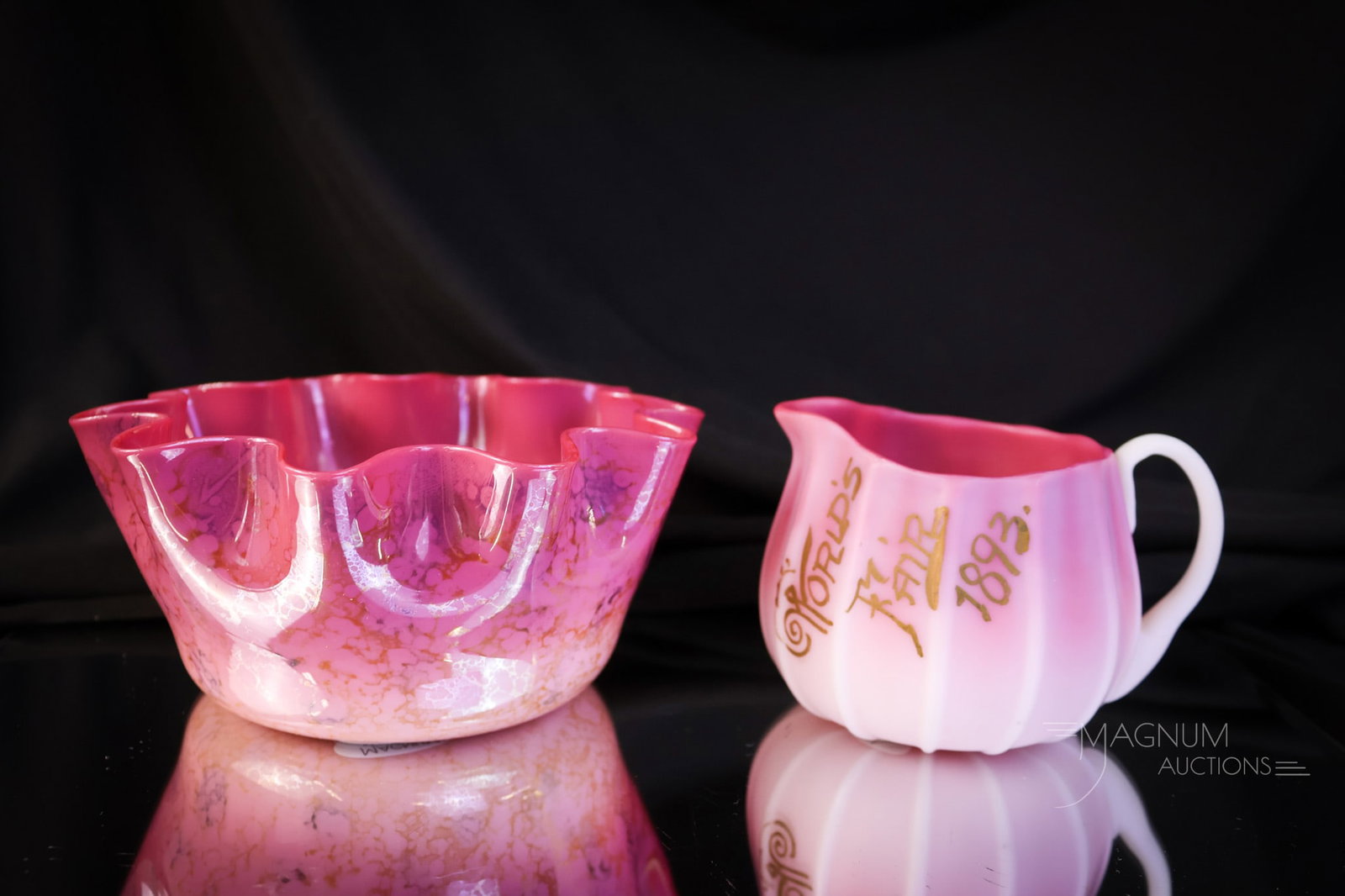 2 pc Lot New England Peachblow Victorian Glass Libbey "1893 World's Fair" & More: Two wonderful finds in Victorian New England and Libbey peachblow glass. The first is a Libbey ribbed creamer with "1893 World's Fair" in gold. The second is a finger bowl with Agata stain decoration.