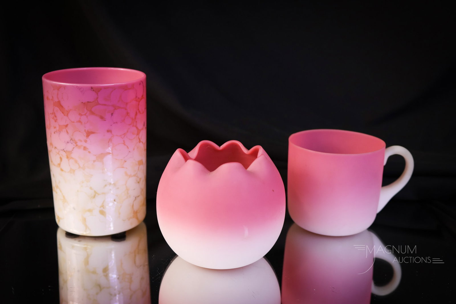 3 pc Lot Victorian New England Peachblow Glass Agata & More: Three selections that are sure to please in Victorian New England Peachblow glass. This offering includes a punch cup, a small rose bowl, and finally, a tumbler with Agata stain. The tallest measures 