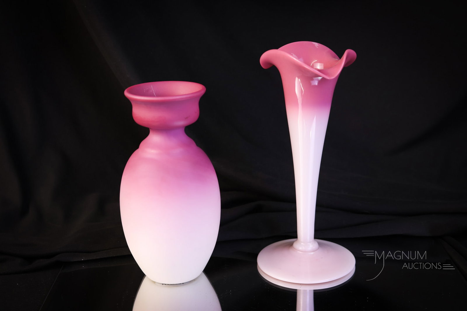 2 pc Lot New England Peachblow Victorian Glass: These are fan favorites. The first is a diminutive lily vase. The second is a pinched neck vase. Both are in New England peachlow glass. The tallest measures 6 1/4". SHIPPING NOTICE: If you choose not