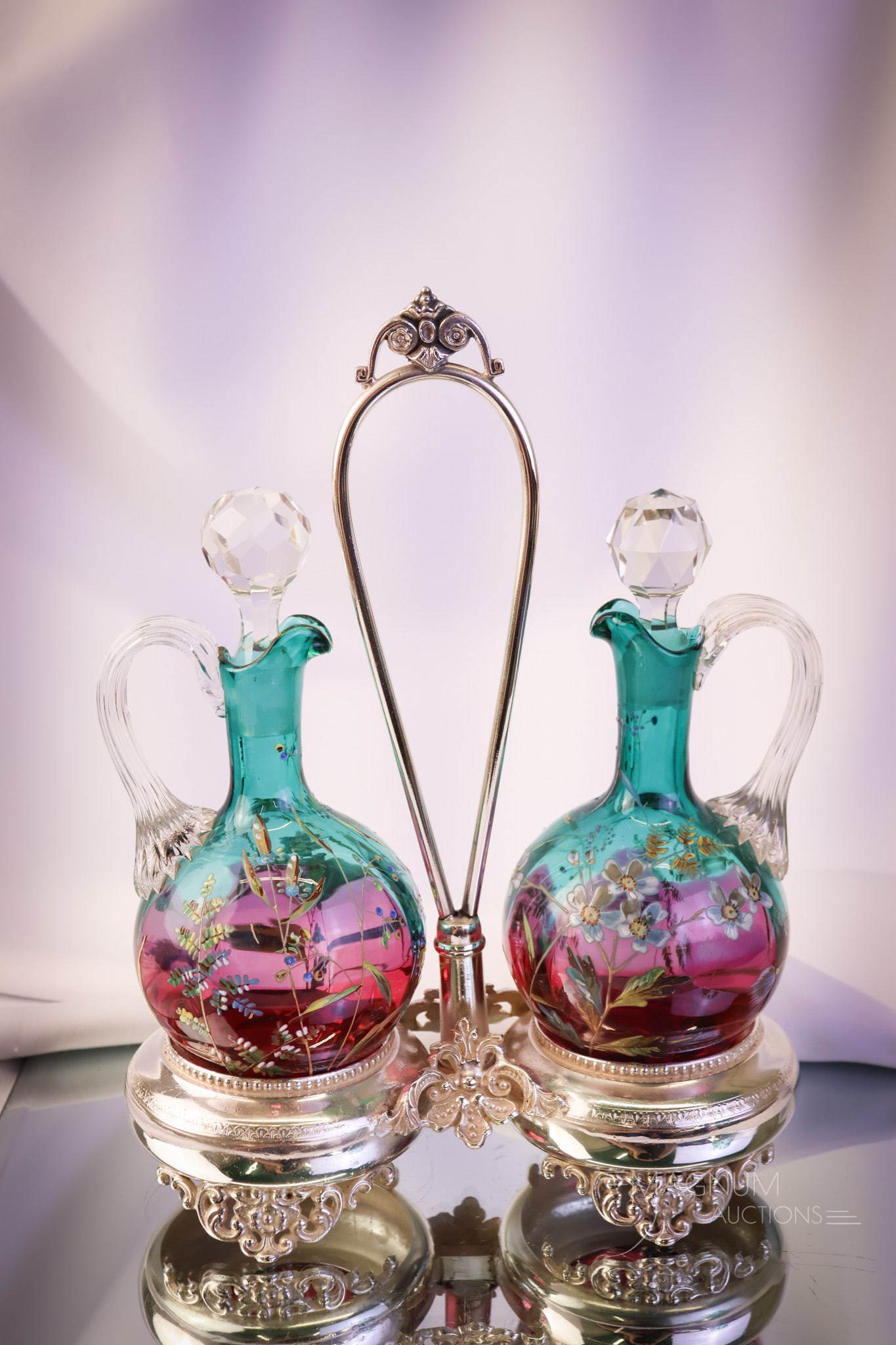 Rare Aurora Silverplate Greenarins Victorian Green Cranberry Enameled Glass Cruet Set (1 of 9)
