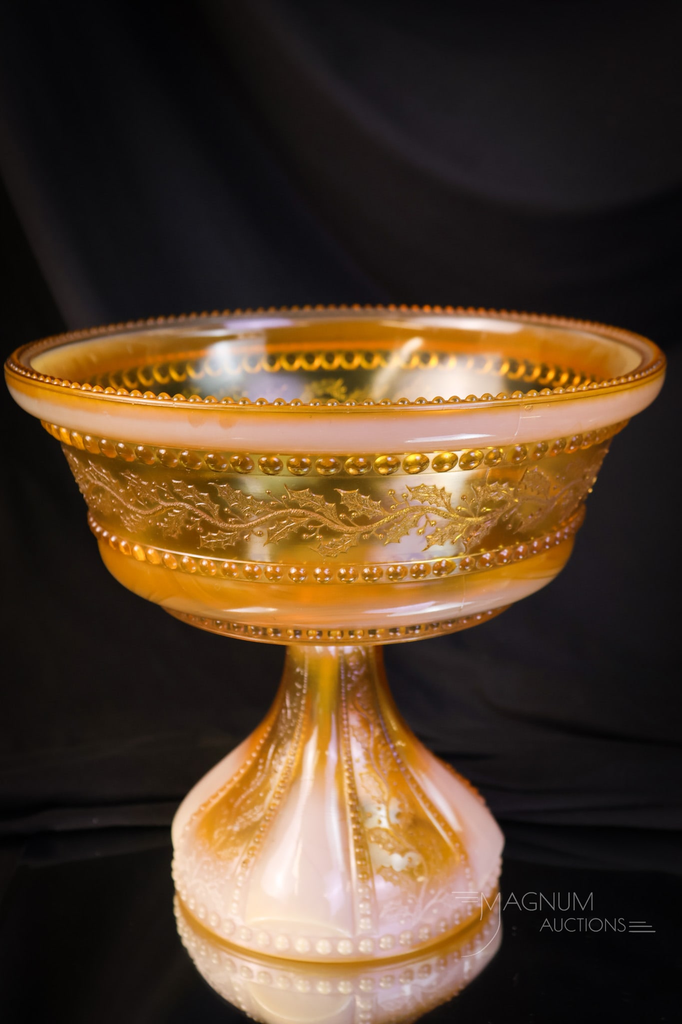 Greentown Holly Amber Victorian Glass Large 8 1/2" Compote: A beautiful and large Greentown Victorian glass Holly Amber open compote. This super example has great coloring. The compote measures 7 3/4" tall and 8 1/2" in diameter. SHIPPING NOTICE: If you choose