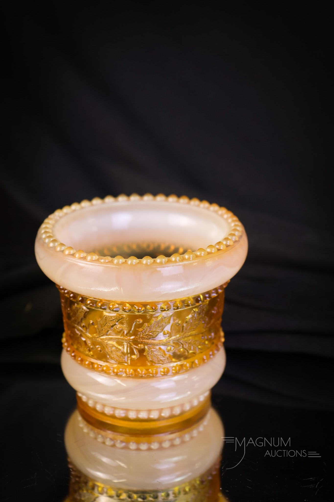 Greentown Victorian Holly Amber Toothpick Holder: A collector favorite. This is a Victorian Holly Amber toothpick holder. This example has great coloring and an excellent pattern. The toothpick measures 2 1/4" tall. SHIPPING NOTICE: If you choose not