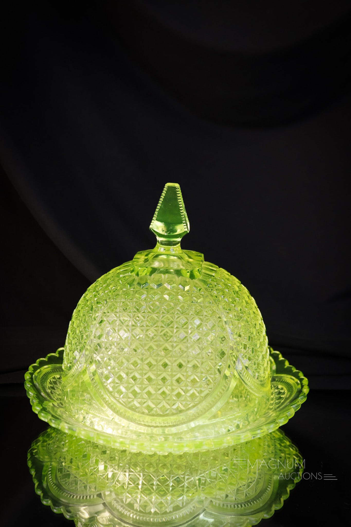 Greentown Victorian Uranium Vaseline Butter Dish: A nice find in a Victorian vaseline uranium-rich butter dish in the Austrian pattern. This butter has perfect color and lights up under a black light. The butter measures 6 1/2" tall and wide. SHIPPIN