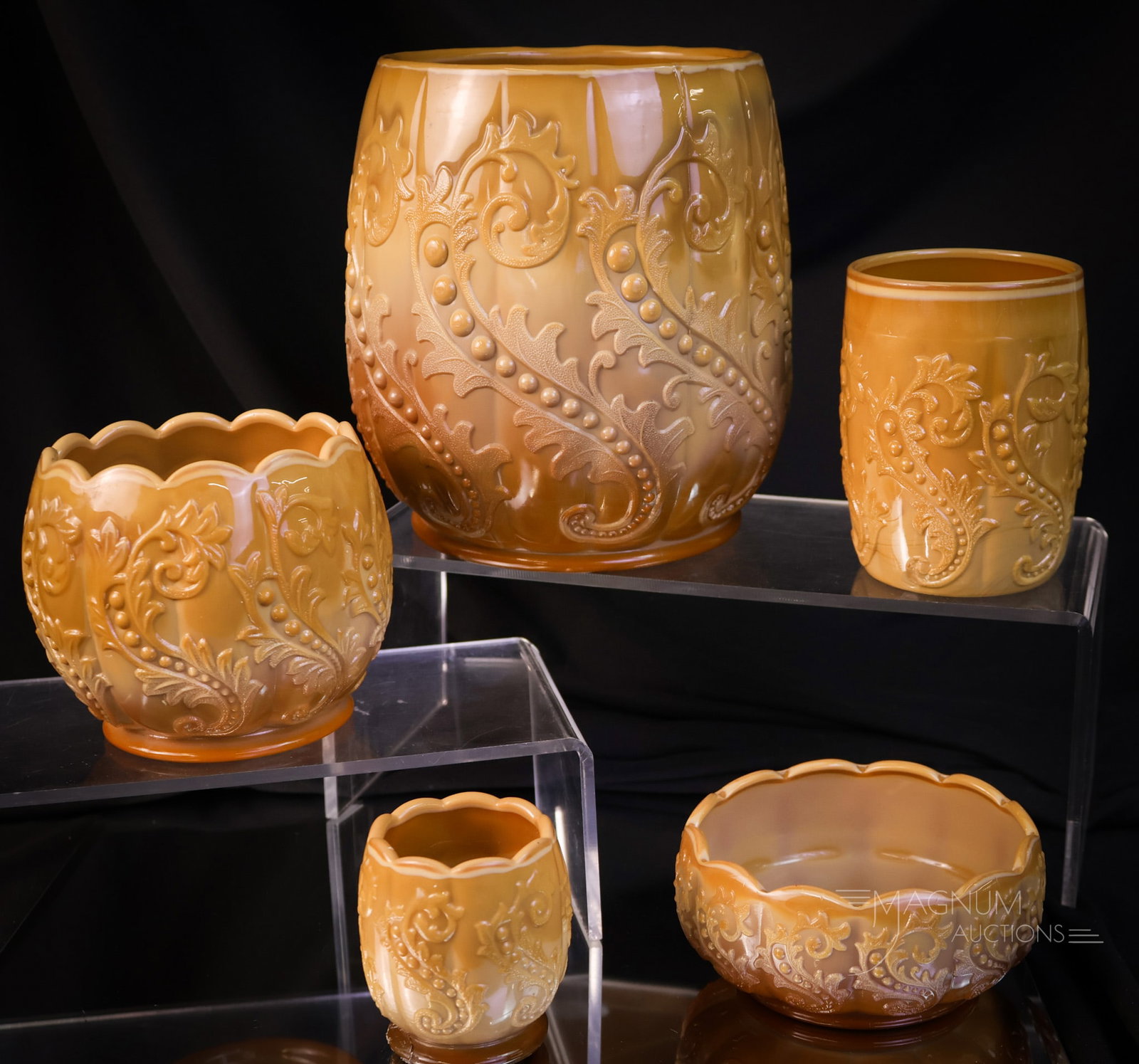 5 pc Lot McKee Victorian Chocolate Chrysanthemum Leaf Glass: Five selections in McKee chocolate Chrysanthemum Leaf pattern that are a sheer pleasure to behold. The lot includes a tumbler, a cracker jar base, a spooner,a small berry bowl, and lastly, a toothpick