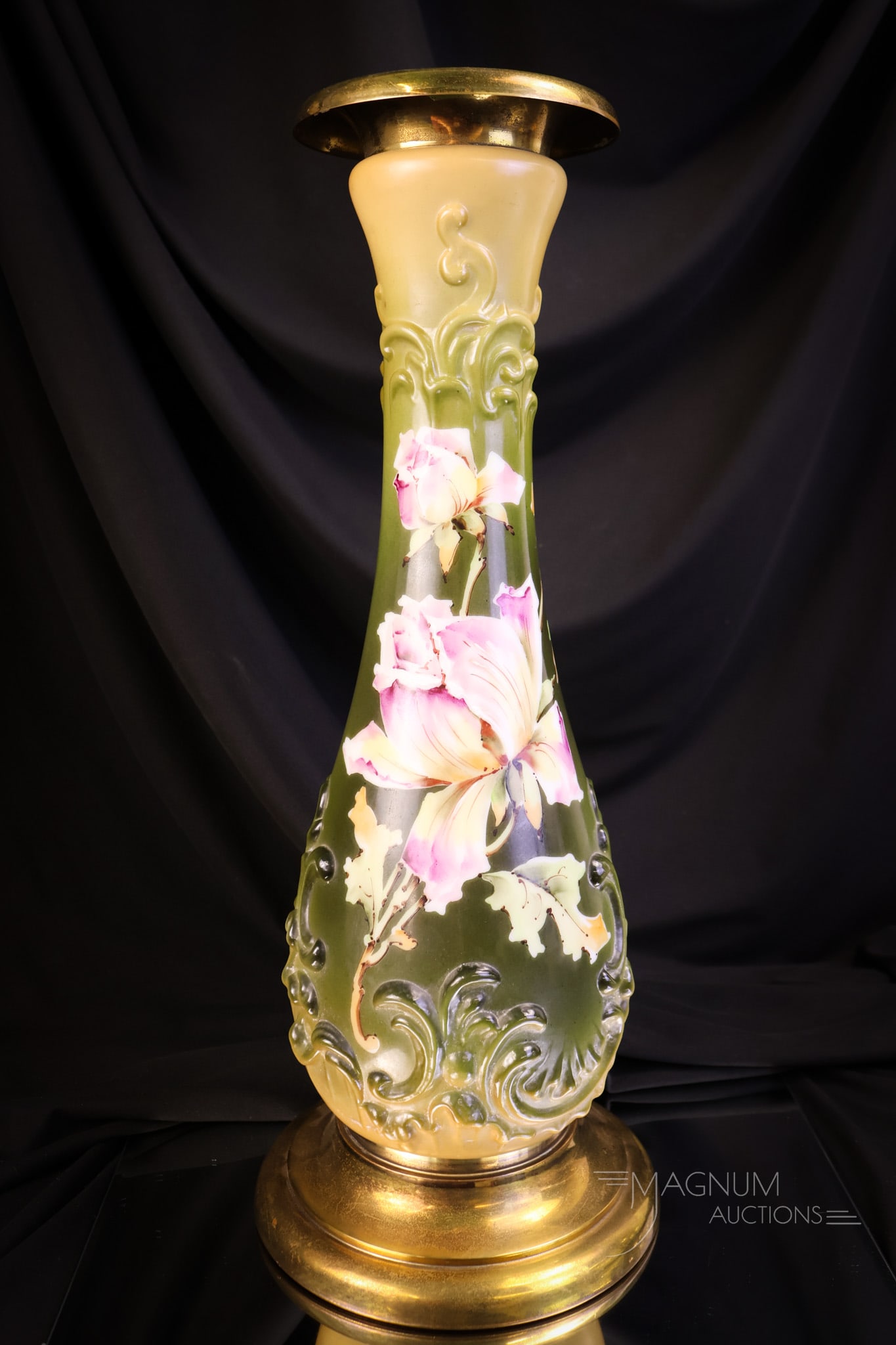 Wave Crest Victorian Decorated Glass 16" Vase marked "C.F.M. Co.": A beautiful find in a marked Wavecrest vase. This vase measures 16" tall and is decorated in a moss green color with pink florals. The vase features a brass collar and base. The vase is marked, "C.F.M