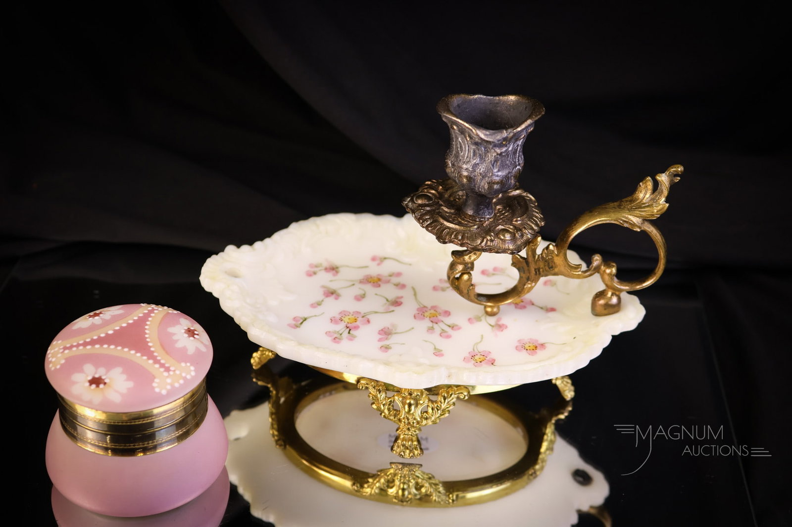 2 pc Lot Wave Crest Victorian Glass Nakara Ring Box & Chamberstick: Two delights in Wave Crest Victorian glass items. The first is a signed Nakara ring box. It is decorated in a pink rose color with white flowers. The lining is present in the box. The second item is a
