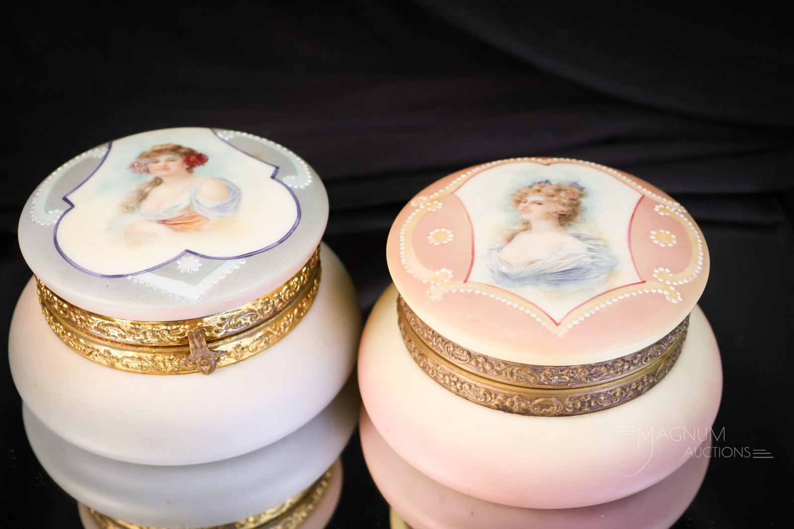 2 pc Lot Wave Crest Nakara Portrait Victorian Glass Jewelry Boxes: Two Victorian Wave Crest Nakara portrait jewelry boxes. Each is a beautiful example. One is in pink and one is in blue. The largest measures 2 1/4" tall and 4 1/2" wide. SHIPPING NOTICE: If you choose