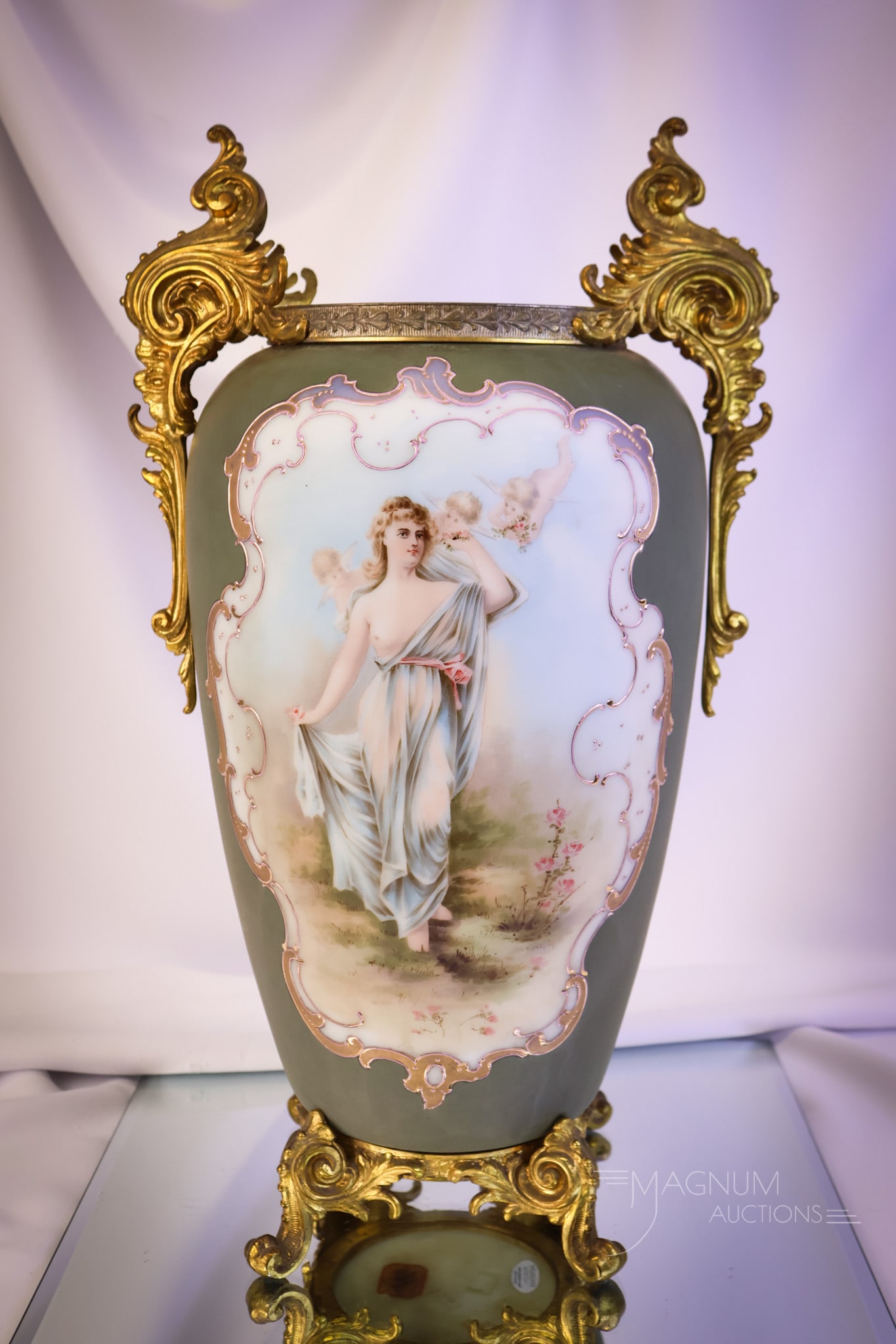 Monumental 17 1/2"Signed Wave Crest Nude Portrait Vase: A museum find and another Mother Magnum favorite in this auction. This is a signed Wave Crest 17 1/2" nude portrait vase with ormolu handles and mountings. The female nude on one side is accompanied b