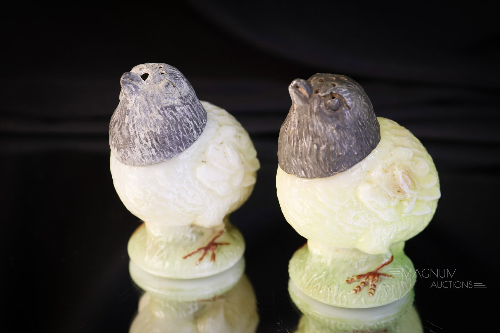 Pair Wave Crest Victorian Glass Decorated Pedestal Chick Salt Shakers: A fine pair of a Victorian Wave Crest glass pedestal chick salt shakers. Each is uniquely decorated. Each of these chicks measures 2 1/2" tall. SHIPPING NOTICE: If you choose not to utilize the LiveAu