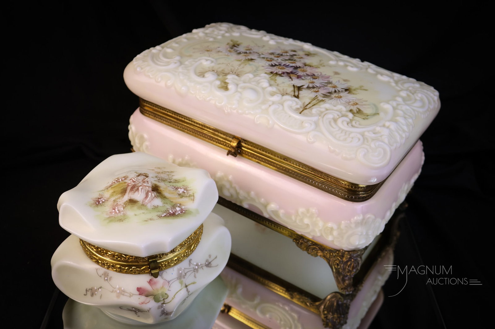 2 pc Signed Wave Crest Victorian Glass Boxes Glove & Jewelry: Two great finds in signed Victorian Wave Crest glass. The first is a large scroll mold glove box in pink with white florals. The second is a Bishop's Hat jewelry box with a lady on it. The largest mea