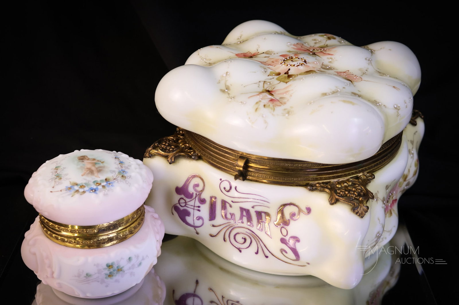2 pc Lot Wave Crest Victorian Glass Humidor & More: Two selections that are sure to please in this offering of Victorian Wave Crest glass. The first is an unsigned Egg Crate mold cigar box humidor. It is decorated with pink florals. The second offering