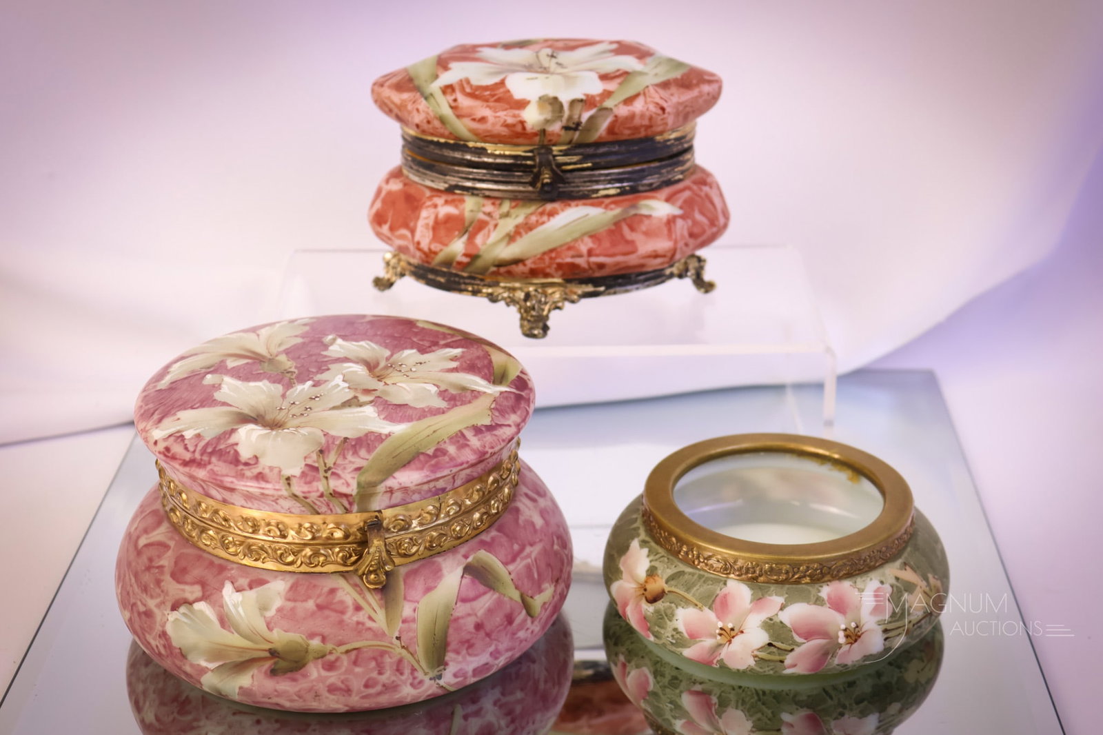 3 pc Lot Signed Wave Crest Kelva Victorian Glass Jewelry Boxes & More: Three collection-enhancing finds in Victorian signed Kelva Wave Crest glass boxes and more. The first is a bittersweet colored oval box with white florals. The second is a burgundy round box with whit